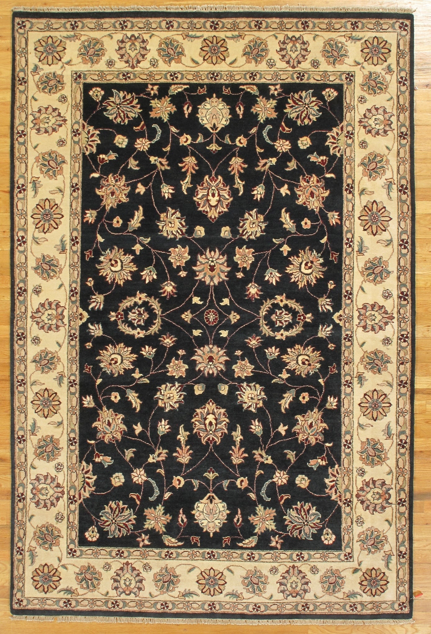 Quality Handmade 6 x 9.2 Wool and Silk Rug in Black: Quality Handmade 6 x 9.2 Wool and Silk Rug in Black Free continental US Shipping Enhance your space with this exquisite handmade wool and silk rug in a striking black hue. This luxurious rug combines 