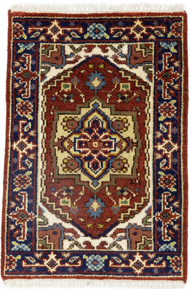 Handmade Vintage-Style Heriz Serapi Wool Rug Floral Tribal 2x3 ft: Handmade Vintage-Style Heriz Serapi Wool Rug Floral Tribal 2x3 ft Elevate your space with this Handmade Vintage-Style Heriz Serapi Oriental Rug, featuring a striking floral tribal pattern. This 2'0 x 
