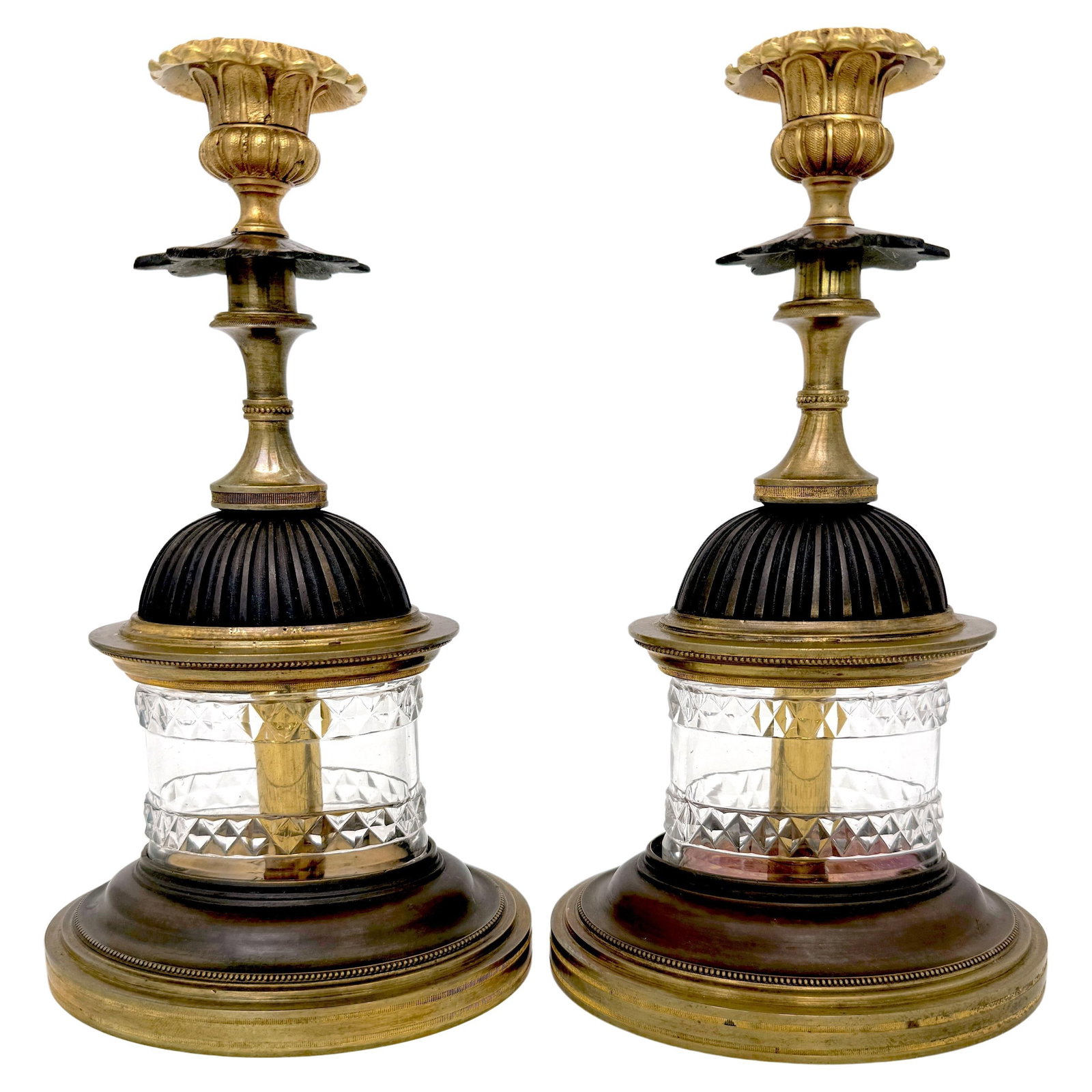Regency Pagoda Candlesticks Set of 2 Gilt Patinated Bronze Cut Glass England 1820 (1 of 9)