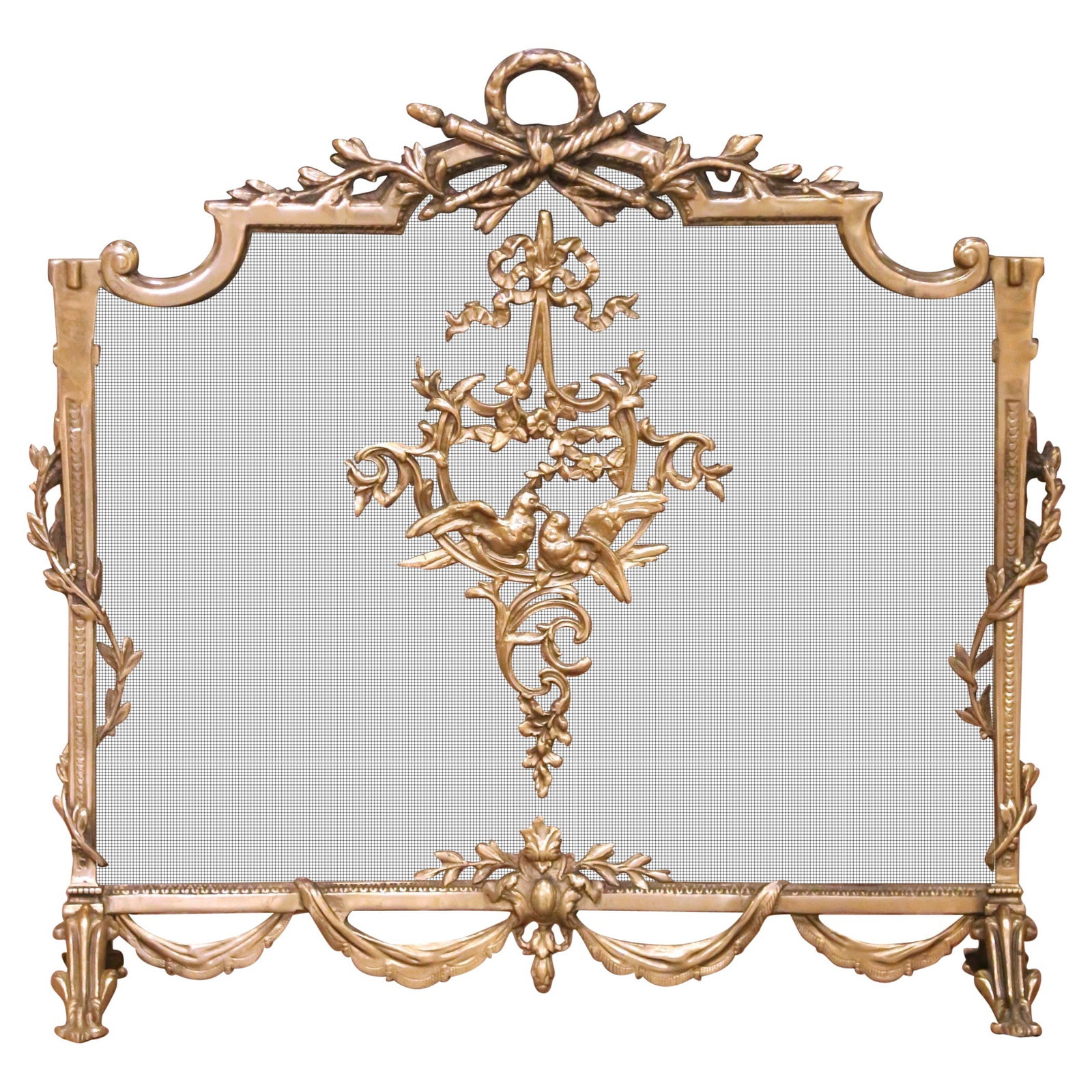 French Brass Louis XVI Style Fireplace Screen with Laurel and Lovebird Motifs (1 of 12)