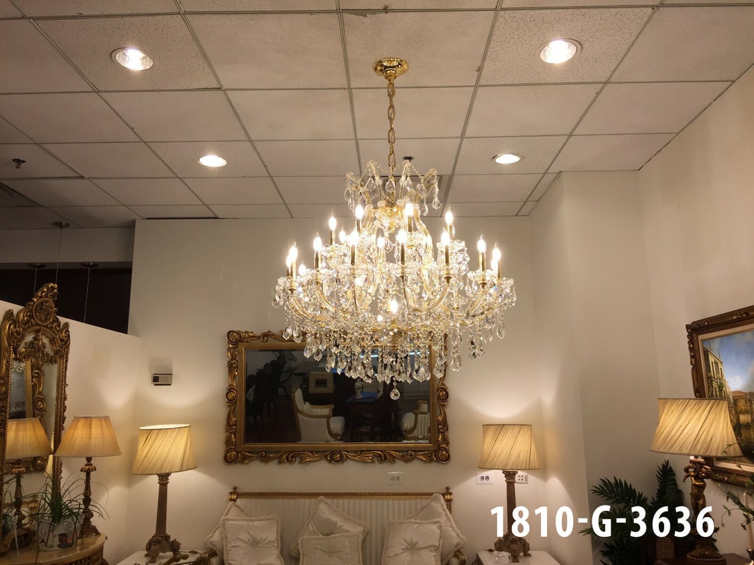 Artistry Maria Theresa 25 Light Asfour Crystal Gold Chandelier 36 in: Artistry Maria Theresa 25 Light Asfour Crystal Gold Chandelier 36 in This Maria Theresa style chandelier features 25 lights and a 36 in. gold finish with clear Asfour crystal glass and metal construct