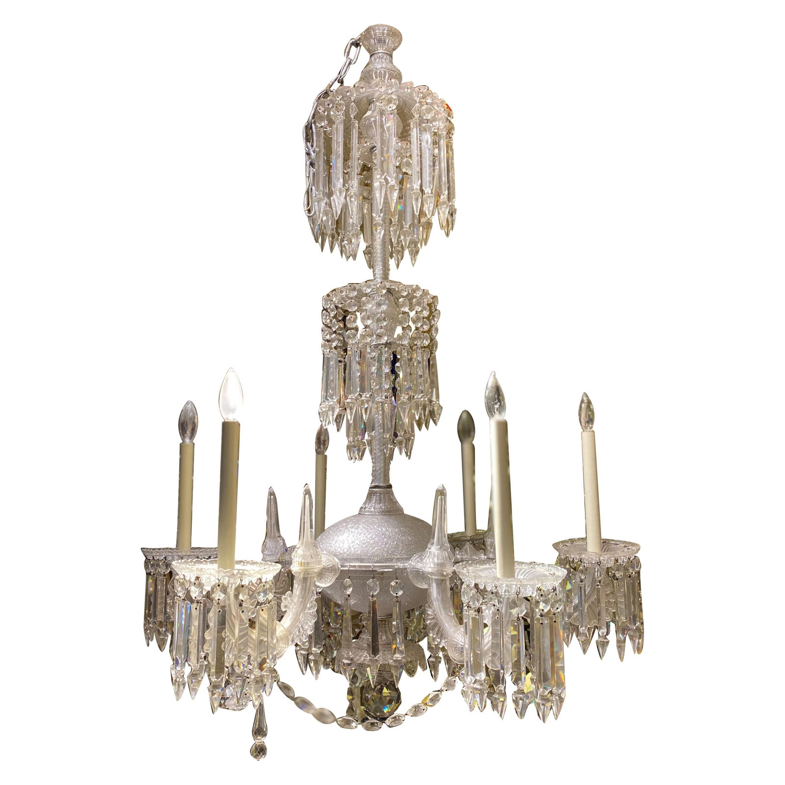 Victorian Frosted Glass and Cut Crystal Six-Light Chandelier Circa 1880s: Victorian Frosted Glass and Cut Crystal Six-Light Chandelier Circa 1880s This antique chandelier from the late Victorian period features molded frosted glass and cut crystal, adorned with extensive fa