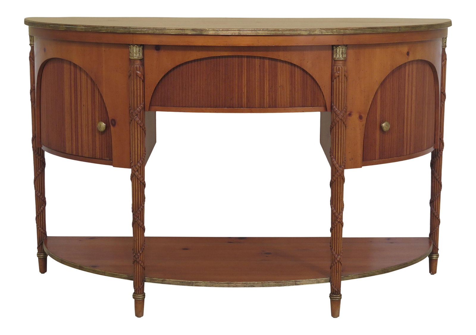 Baker Regency Style Demilune Pine Sideboard with Gold Highlights: Baker Regency Style Demilune Pine Sideboard with Gold Highlights This exquisite Baker Demilune Shaped Regency Style Pine Sideboard is a rare model approximately 20 years old, featuring a stunning hone