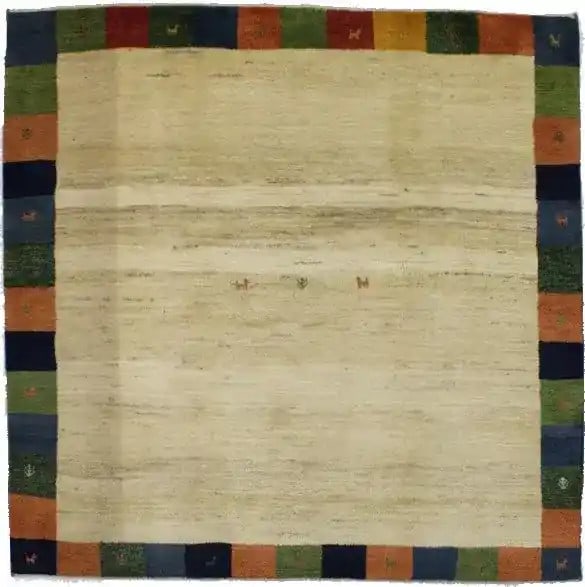 Hand-Knotted 7x7 ft Contemporary Gabbeh Square Rug Wool Bordered Modern Design: Hand-Knotted 7x7 ft Contemporary Gabbeh Square Rug Wool Bordered Modern Design Enhance your living space with this exquisite 7x7 ft Contemporary Gabbeh Square Rug, featuring a modern bordered design. 