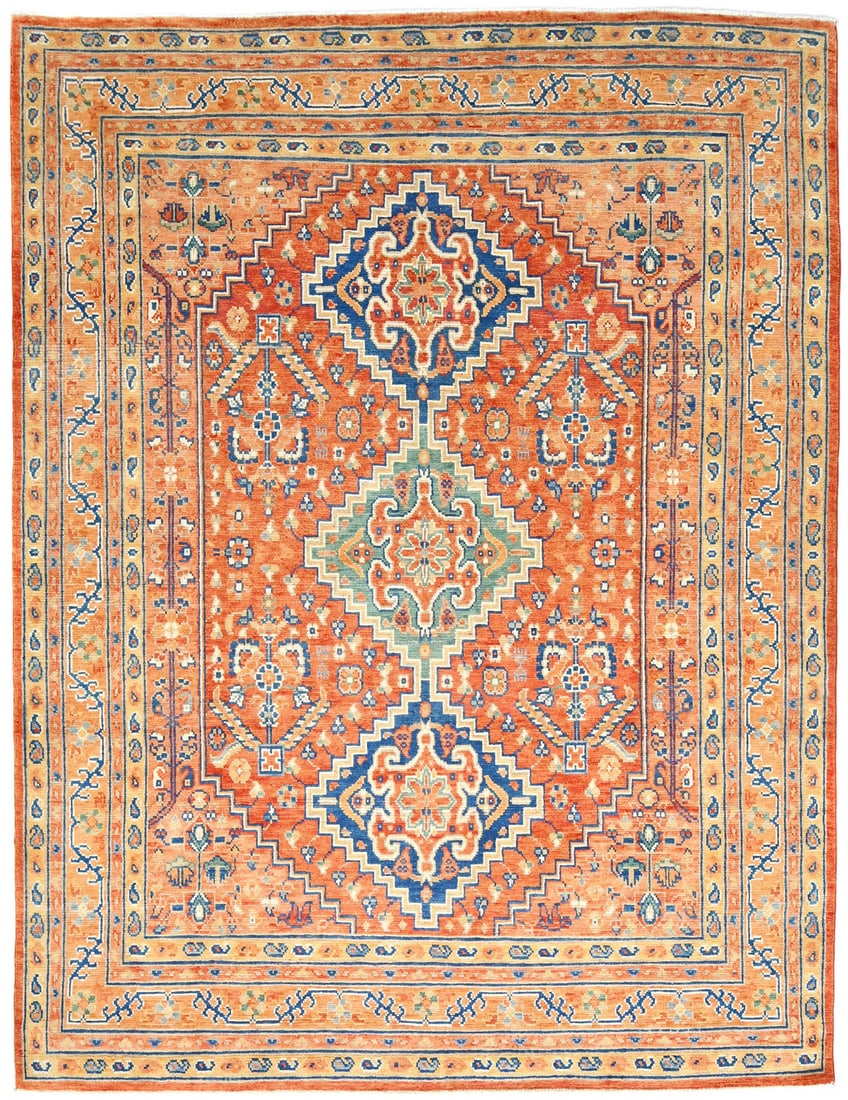 Hand-Knotted Oushak Wool Rug 8'2 x 10'4 Pastel Geometric Area Carpet: Hand-Knotted Oushak Wool Rug 8'2 x 10'4 Pastel Geometric Area Carpet This is a rare Oushak Oriental area rug featuring a large traditional design with muted tones including orange, peach, blue, and pa