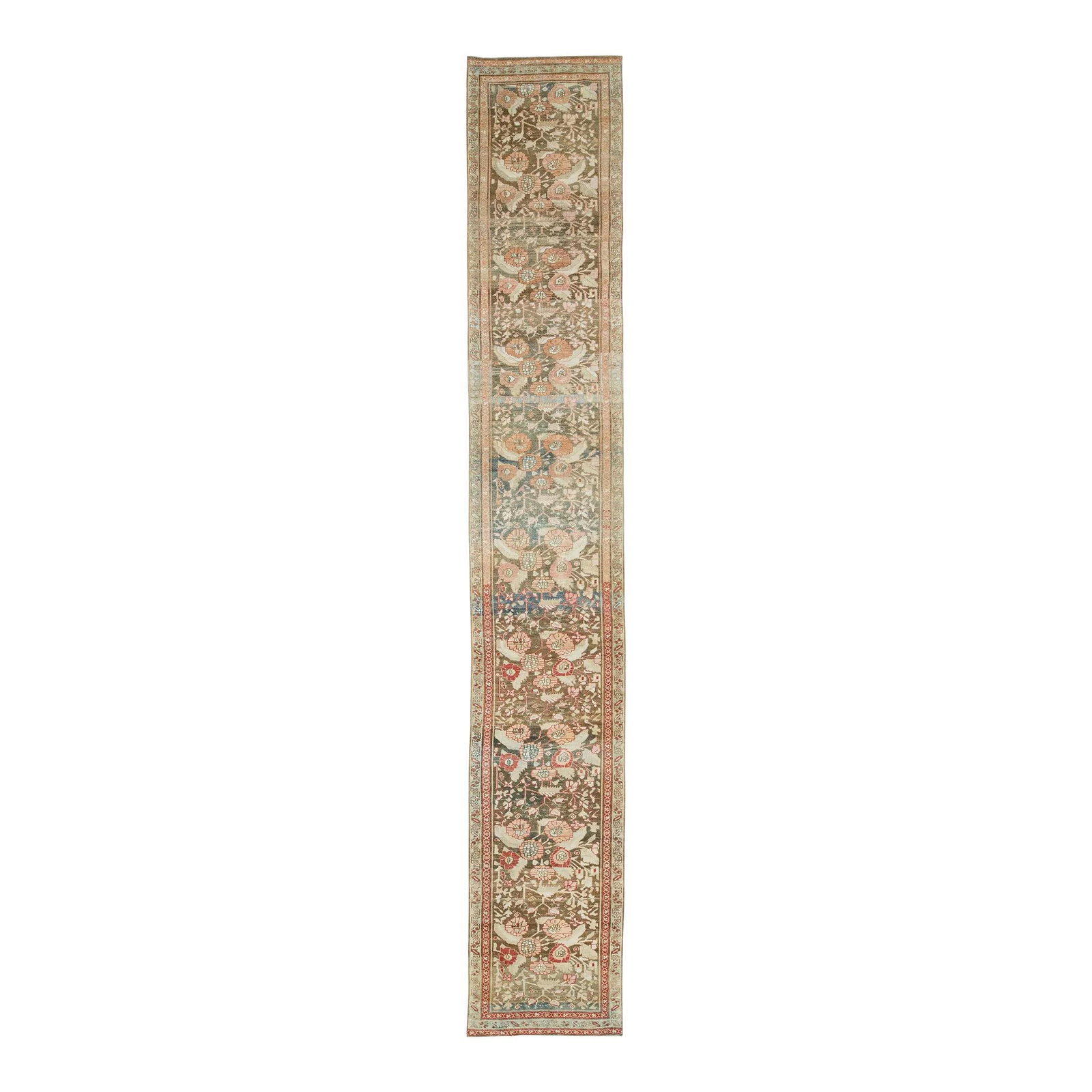 1920s Antique Persian Heriz Wool Runner Floral Design 2'9 x 17'4: 1920s Antique Persian Heriz Wool Runner Floral Design 2'9 x 17'4 This exquisite Antique Persian Heriz wool runner from the 1920s showcases a beautifully hand-knotted traditional floral pattern. The ri