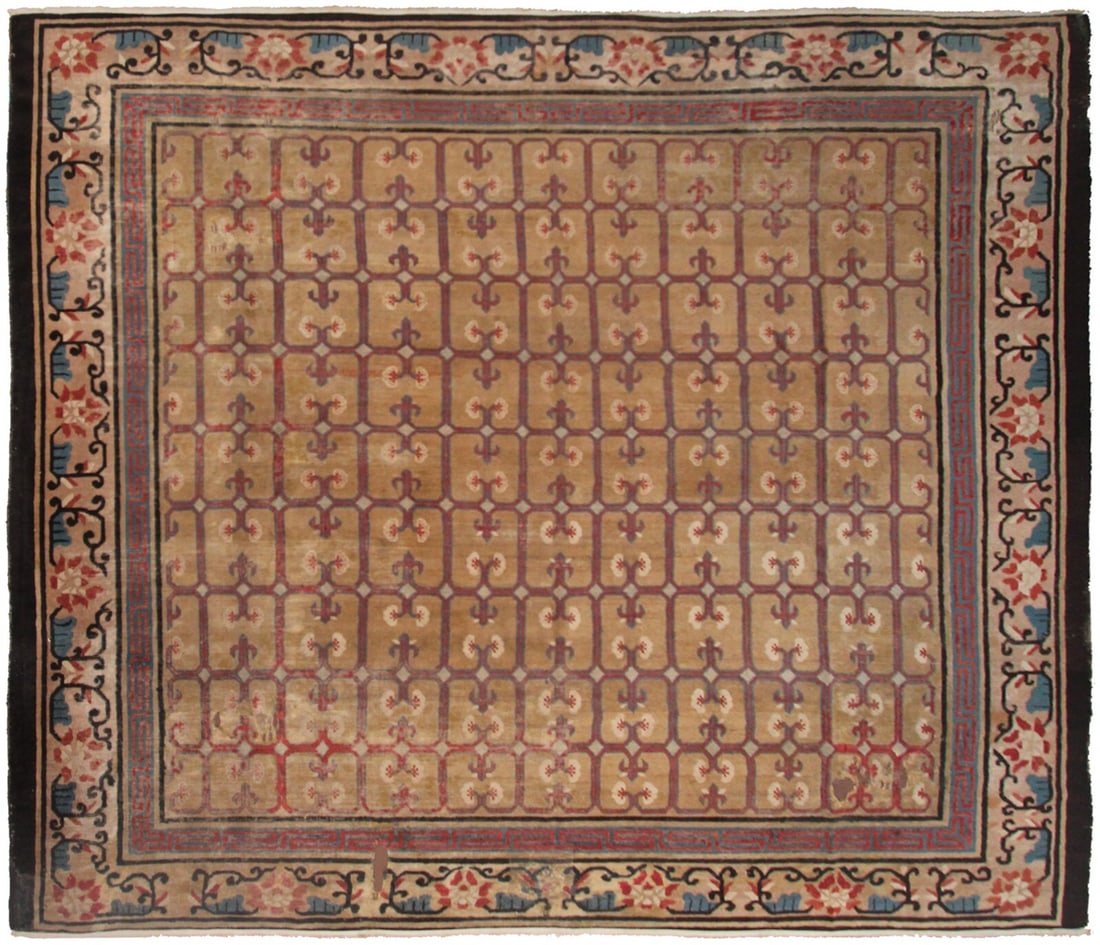 285cm x 305cm Antique Chinese Peking Ningxia Wool Rug c.1860: 285cm x 305cm Antique Chinese Peking Ningxia Wool Rug c.1860 This rare antique Chinese Art Deco rug, dating to circa 1860, features a unique geometric design characteristic of the Peking Ningxia tradi