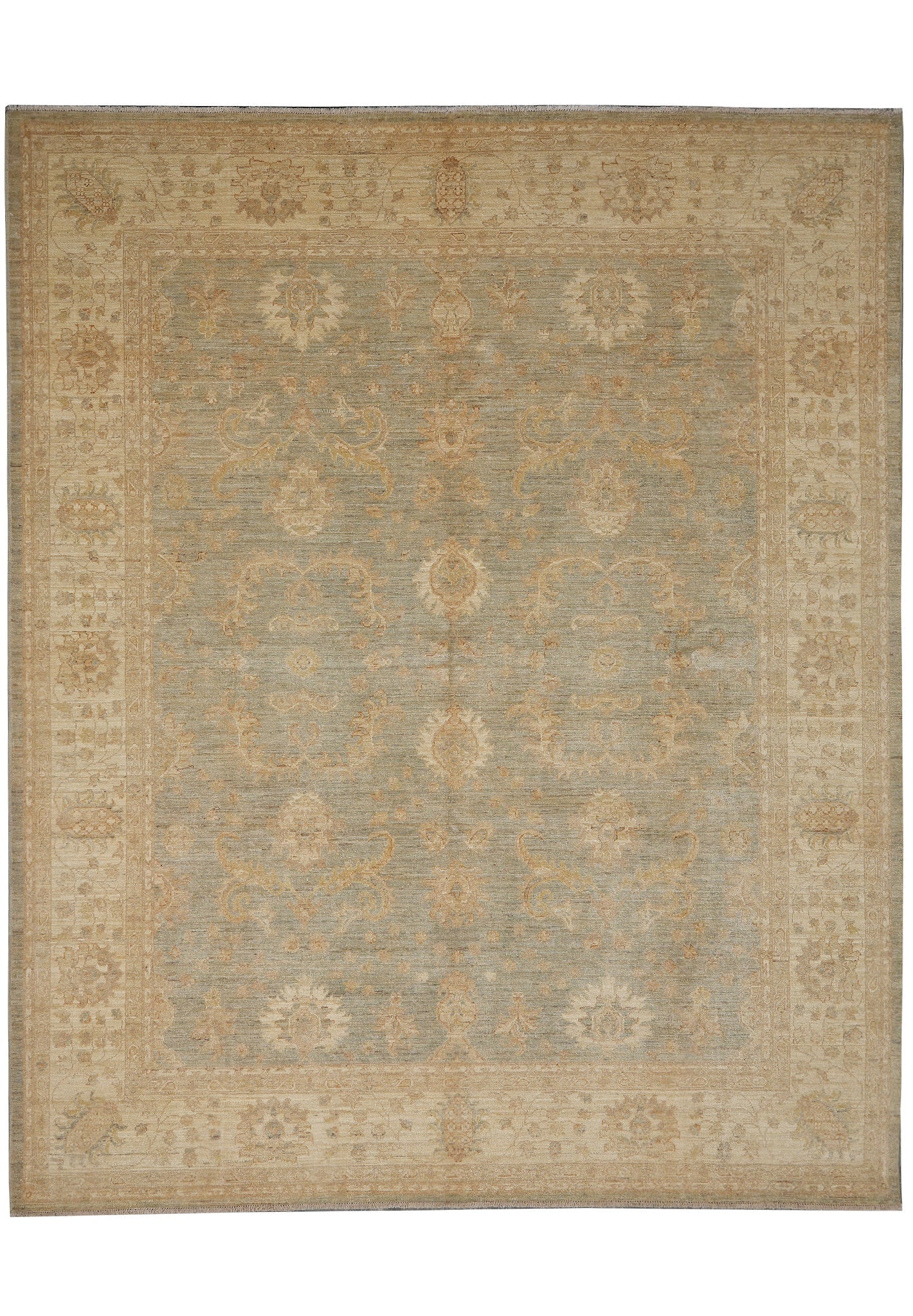 8.3 x 9.7 Light Sage Green Gold Chobi Peshawar Rug: 8.3 x 9.7 Light Sage Green Gold Chobi Peshawar Rug Free continental US Shipping This 8.3 x 9.7 Light Sage Green Gold Chobi Peshawar rug features a transitional design with a harmonious blend of sage g