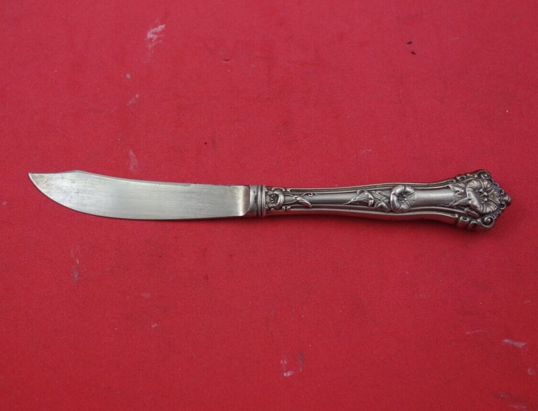 Alvin Morning Glory Sterling Silver Fruit Knife 6 1/4 Inch: Alvin Morning Glory Sterling Silver Fruit Knife 6 1/4 Inch This exquisite fruit knife features the elegant "Morning Glory" pattern by Alvin, crafted from high-quality sterling silver. The knife has a 
