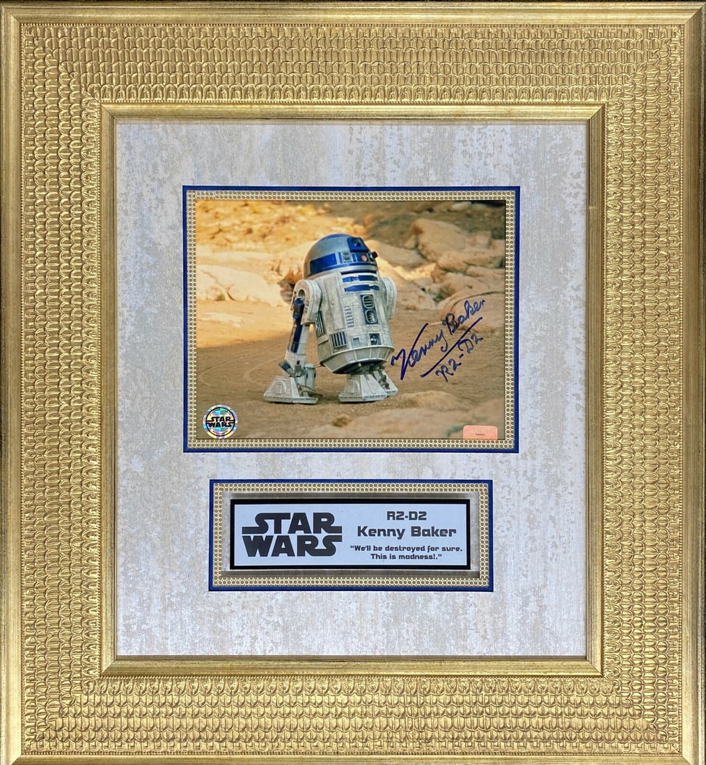 Kenny Baker Signed R2-D2 Photo Custom Framed Star Wars Display: Kenny Baker Signed R2-D2 Photo Custom Framed Star Wars Display This is a custom framed display featuring a signed photograph of R2-D2 by Kenny Baker, the actor who portrayed the beloved droid in the S