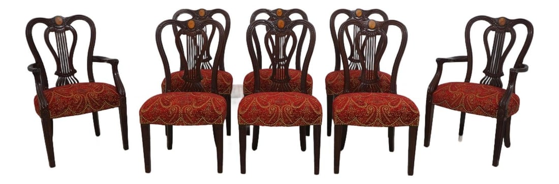 Set of 8 Regency Mahogany Lyre Back Dining Chairs with New Upholstery: Set of 8 Regency Mahogany Lyre Back Dining Chairs with New Upholstery Enhance your dining experience with this exquisite set of 8 John Widdicomb Mahogany Inlaid Lyre Back Dining Chairs. Crafted approx