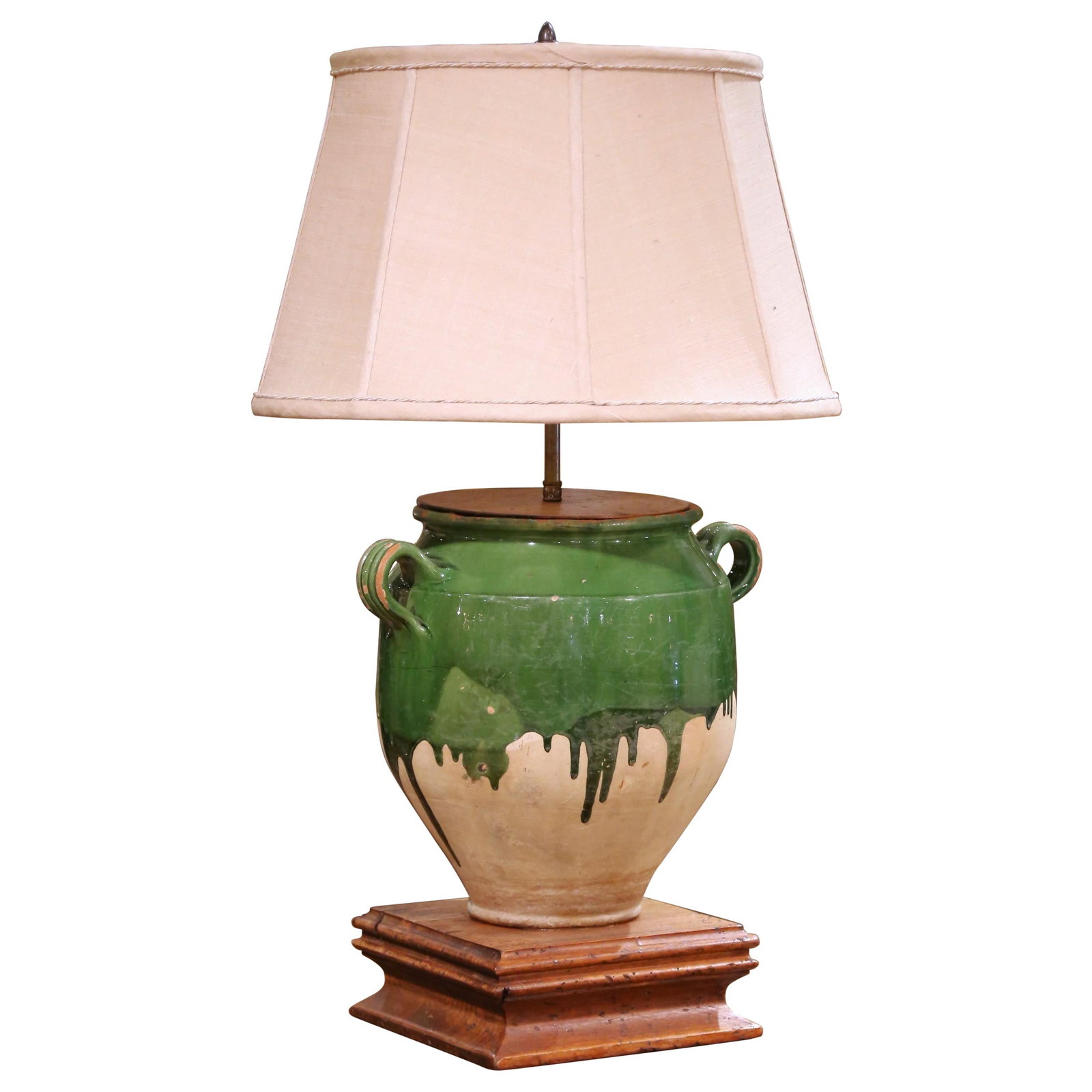 19th Century French Green Glazed Confit Pot Lamp with Shade: 19th Century French Green Glazed Confit Pot Lamp with Shade Illuminate your space with this exquisite late 19th century French table lamp, expertly crafted from an authentic Provencal confit pot. Stan
