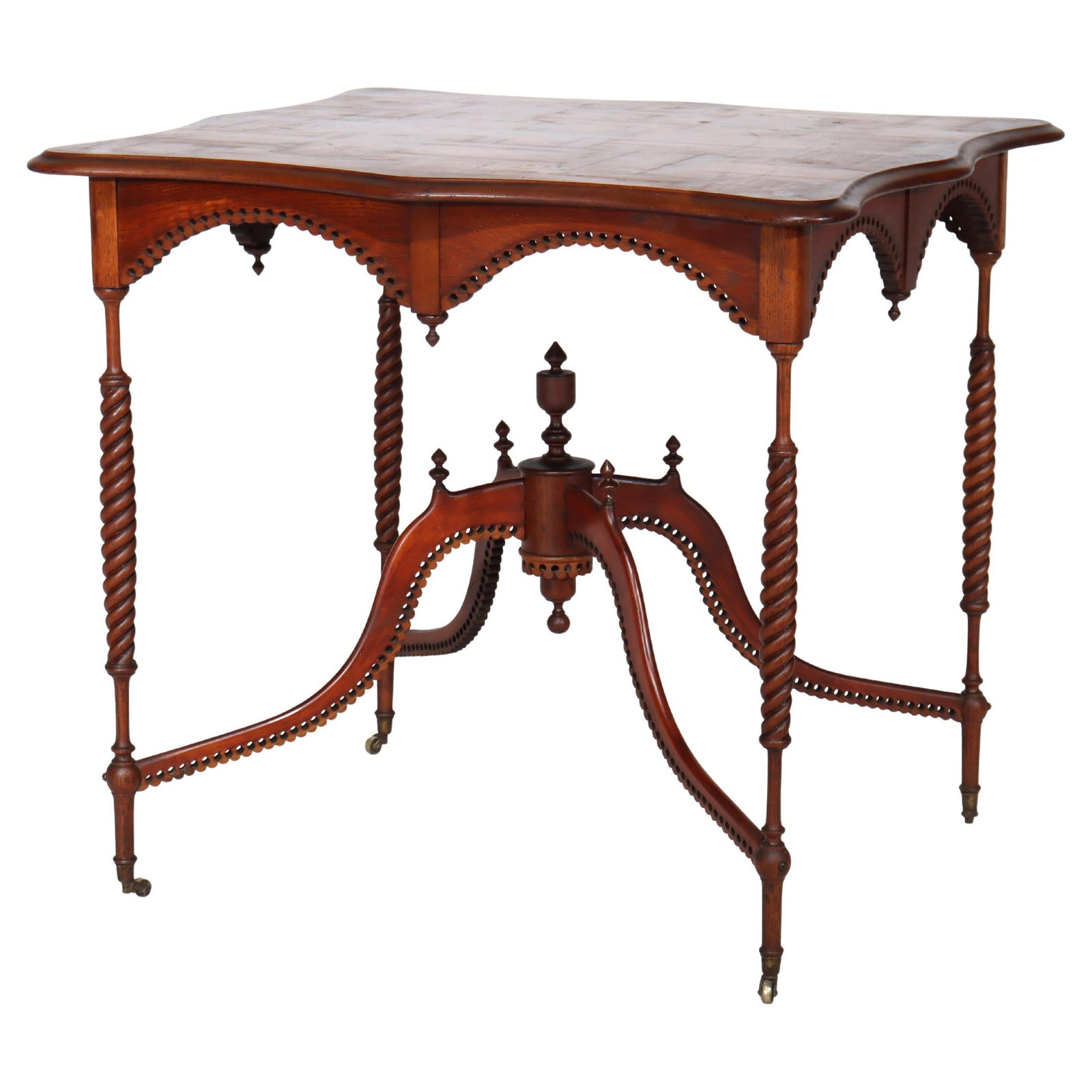 Folk Art Mixed Wood Parquetry Inlaid Lamp Table With Carved Details Circa 1920 (1 of 14)