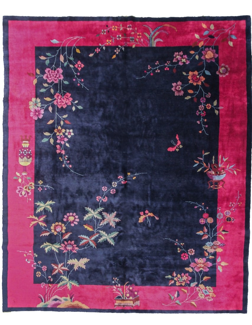 Handmade Blue Art Deco Wool Area Rug 9x12 Chinese: Handmade Blue Art Deco Wool Area Rug 9x12 Chinese This is a fine antique Art Deco area rug handmade in China around 1920. Crafted from 100% hand-knotted Mandarin wool with a cotton foundation, it feat