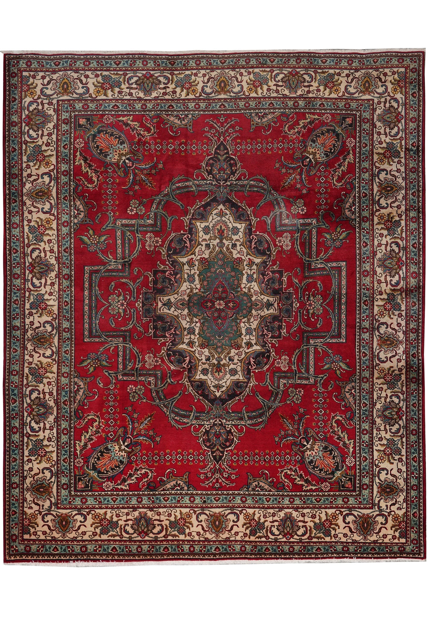 9.8 x 11.9 Persian Tabriz Hand Knotted Wool Estate Rug: 9.8 x 11.9 Persian Tabriz Hand Knotted Wool Estate Rug Free continental US Shipping This Persian Tabriz estate rug features a traditional floral medallion design and is hand-knotted in Tabriz, the cap