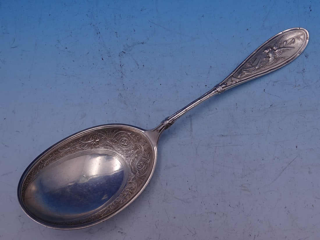 Victorian Whiting Sterling Silver Berry Spoon 9" Japanese Pattern Monogrammed D: Victorian Whiting Sterling Silver Berry Spoon 9" Japanese Pattern Monogrammed D This exquisite 9" sterling silver berry spoon from the Whiting Manufacturing Company showcases a beautifully embossed bo