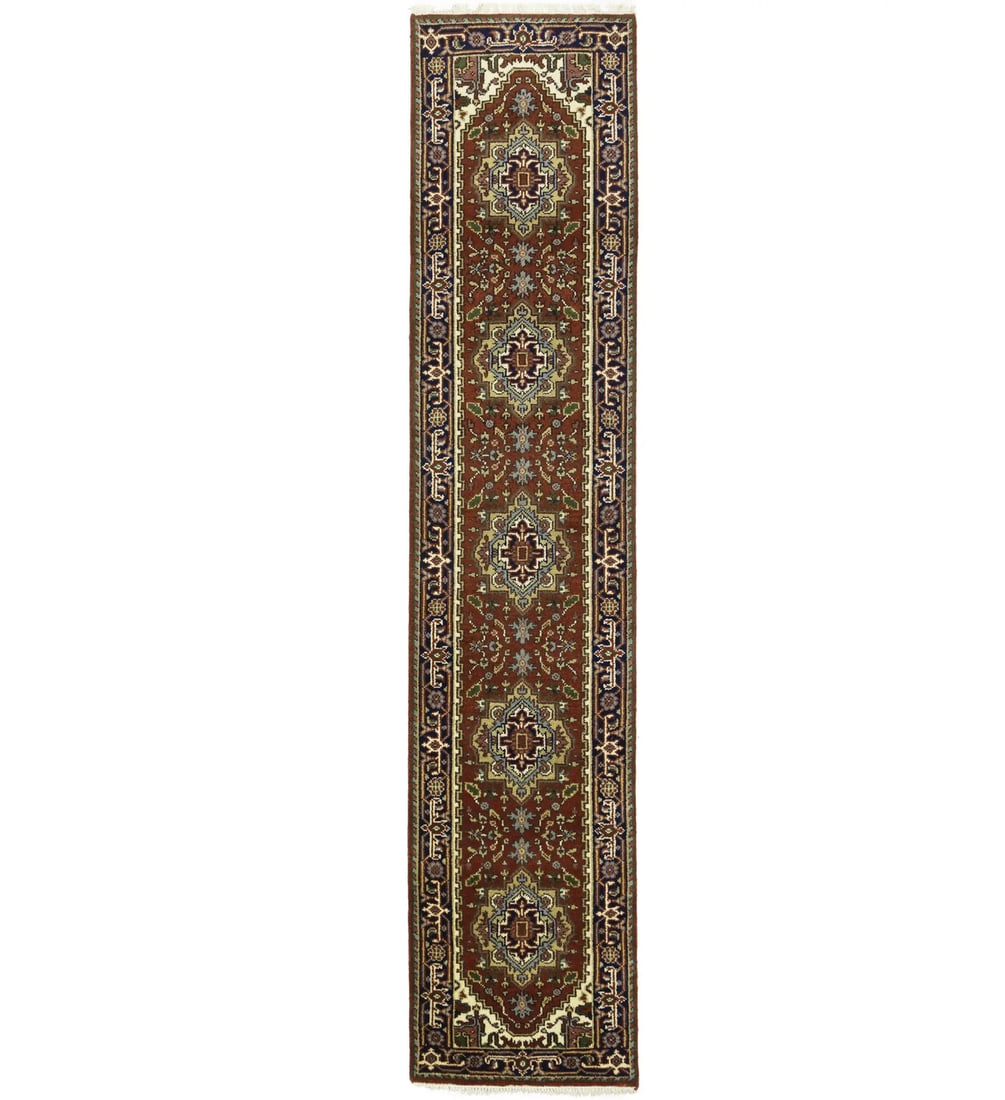 Hand Knotted Wool Heriz Serapi Runner 2'7 x 12'1 Floral: Hand Knotted Wool Heriz Serapi Runner 2'7 x 12'1 Floral This Heriz Serapi oriental runner rug features a floral pattern in shades of rusty red, dark navy, cream, rusty pink, light gray, and green. Han