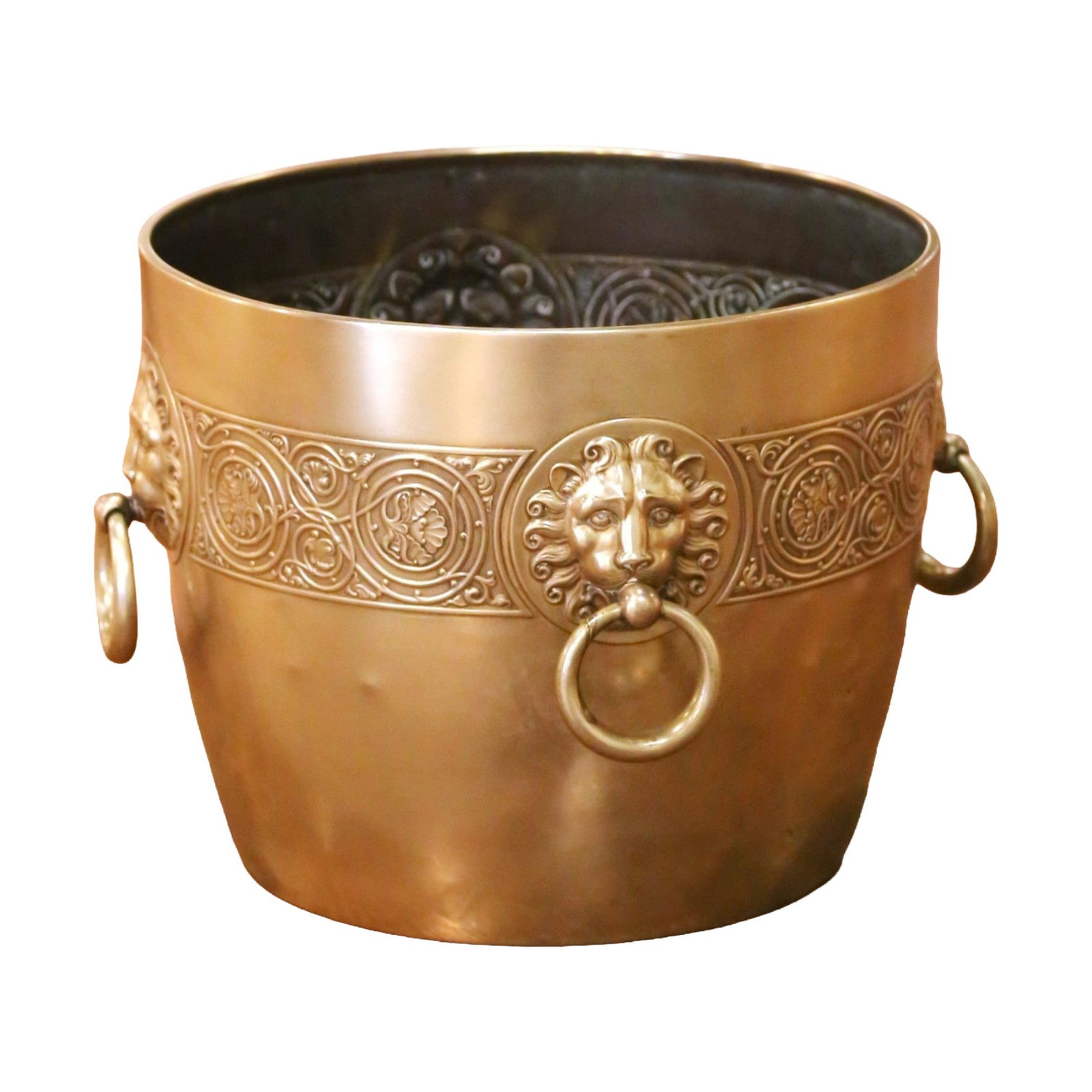 French Bronze Cache Pot with Lion Ring Handles: French Bronze Cache Pot with Lion Ring Handles This elegant late 19th-century French bronze cache pot, crafted circa 1880, showcases a tapered cylindrical form adorned with an ornate repousse frieze o