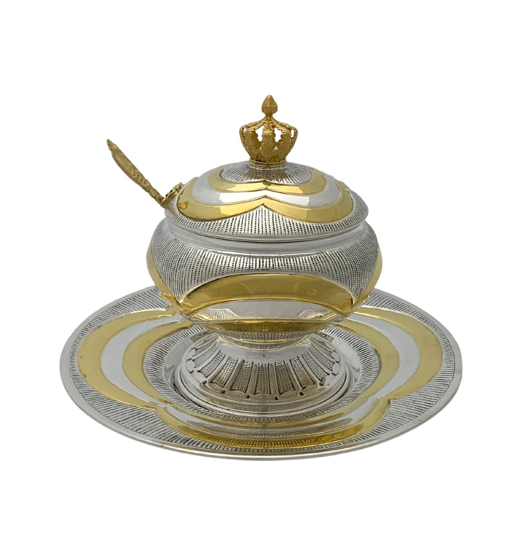 Elegant 925 Sterling Silver Gilded Crown Honey Dish and Tray Set (1 of 6)