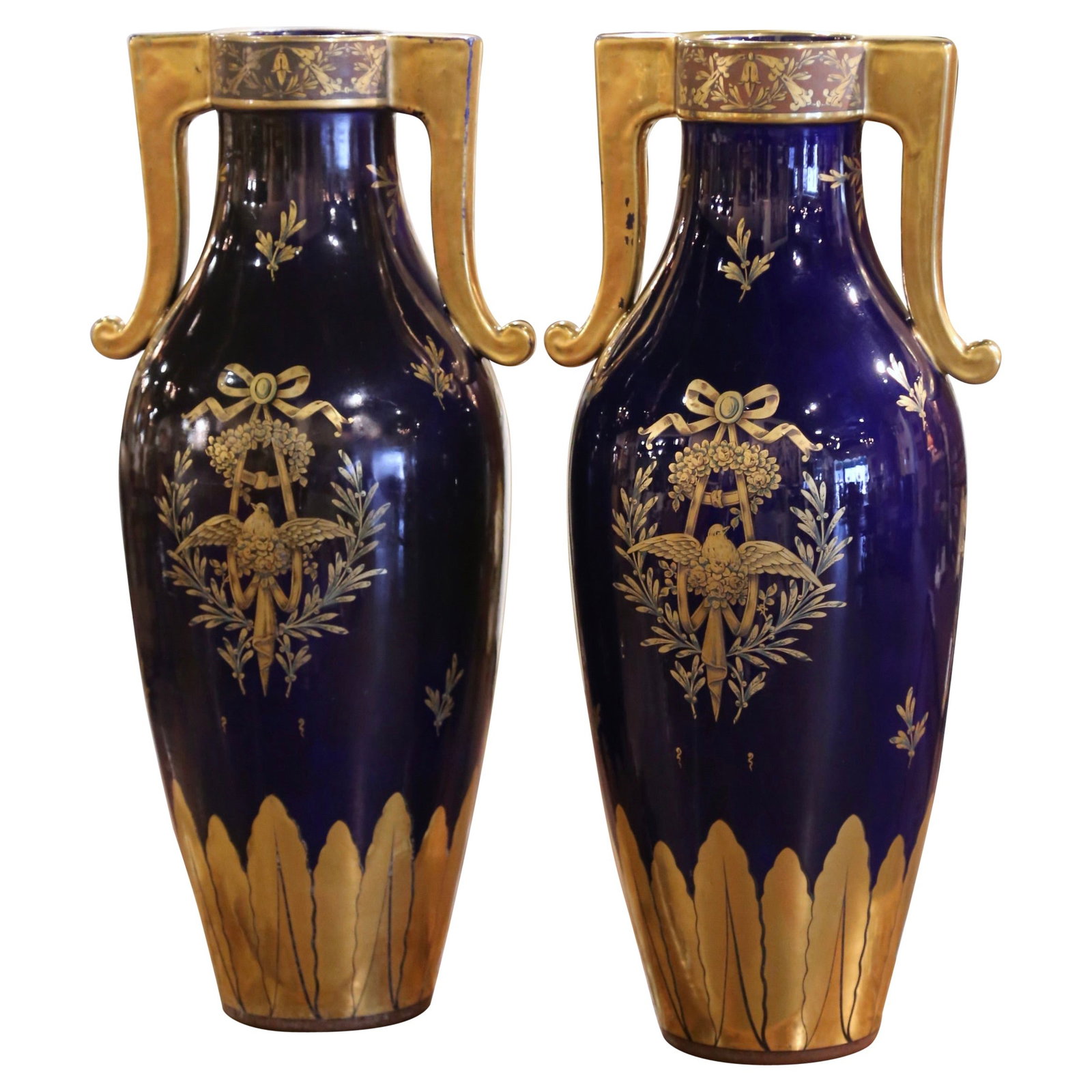Antique Pair of 19th Century French Neoclassical Gilt Porcelain Vases Set of 2: Antique Pair of 19th Century French Neoclassical Gilt Porcelain Vases Set of 2 This exquisite pair of 19th Century French Neoclassical vases is a stunning addition to any decor. Crafted circa 1890 in 