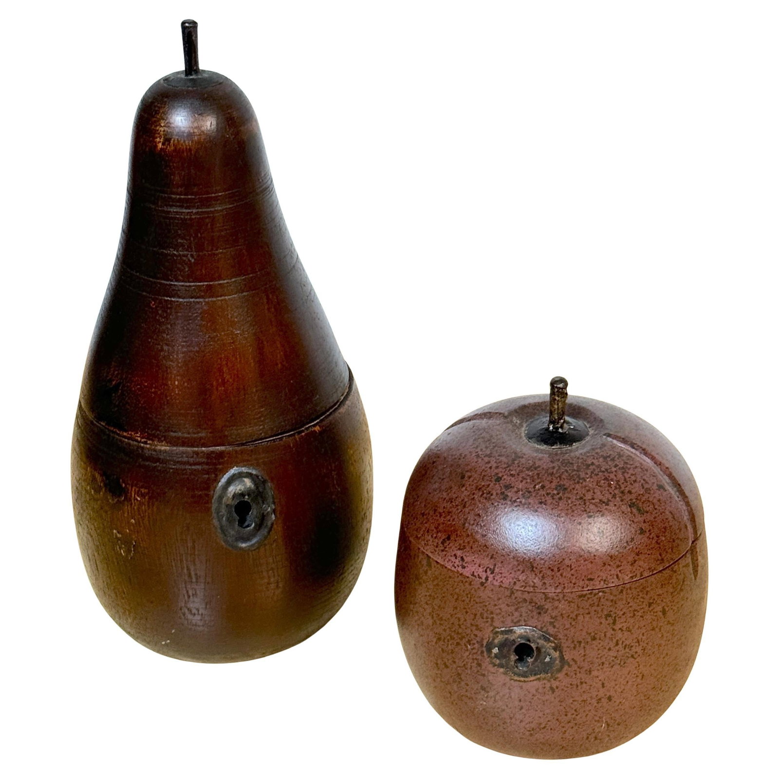 Georgian Style Set of 2 Polychromed Wood Tea Caddies Apple and Pear: Georgian Style Set of 2 Polychromed Wood Tea Caddies Apple and Pear This exquisite set of two 20th-century English-style tea caddies showcases a charming apple-shaped box and a pear-shaped box, both c