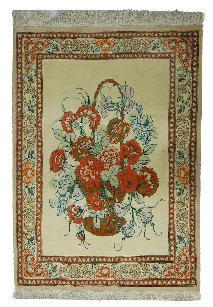 Exquisite 1.9 x 2.5 Persian Qum Silk Area Rug Hand-Knotted Beige: Exquisite 1.9 x 2.5 Persian Qum Silk Area Rug Hand-Knotted Beige Free continental US Shipping Experience the opulent allure of this exquisite 1.9 x 2.5 High-End Persian Qum Silk Rug, a true masterpiec