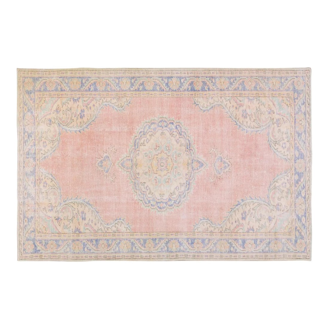 Salmon Wool Hand-Knotted Anatolian Rug 6'x9'5" Turkish Vintage: Salmon Wool Hand-Knotted Anatolian Rug 6'x9'5" Turkish Vintage This vintage Turkish Anatolian hand-knotted wool rug is crafted using traditional techniques, combining timeless artistry with a modern d