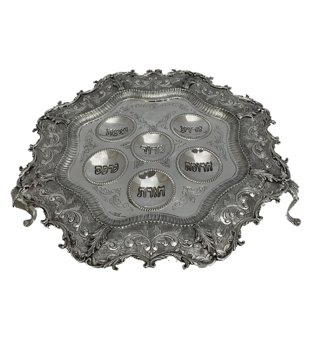 Handmade 925 Sterling Silver Hebrew Seder Plate with Leaf Applique (1 of 4)
