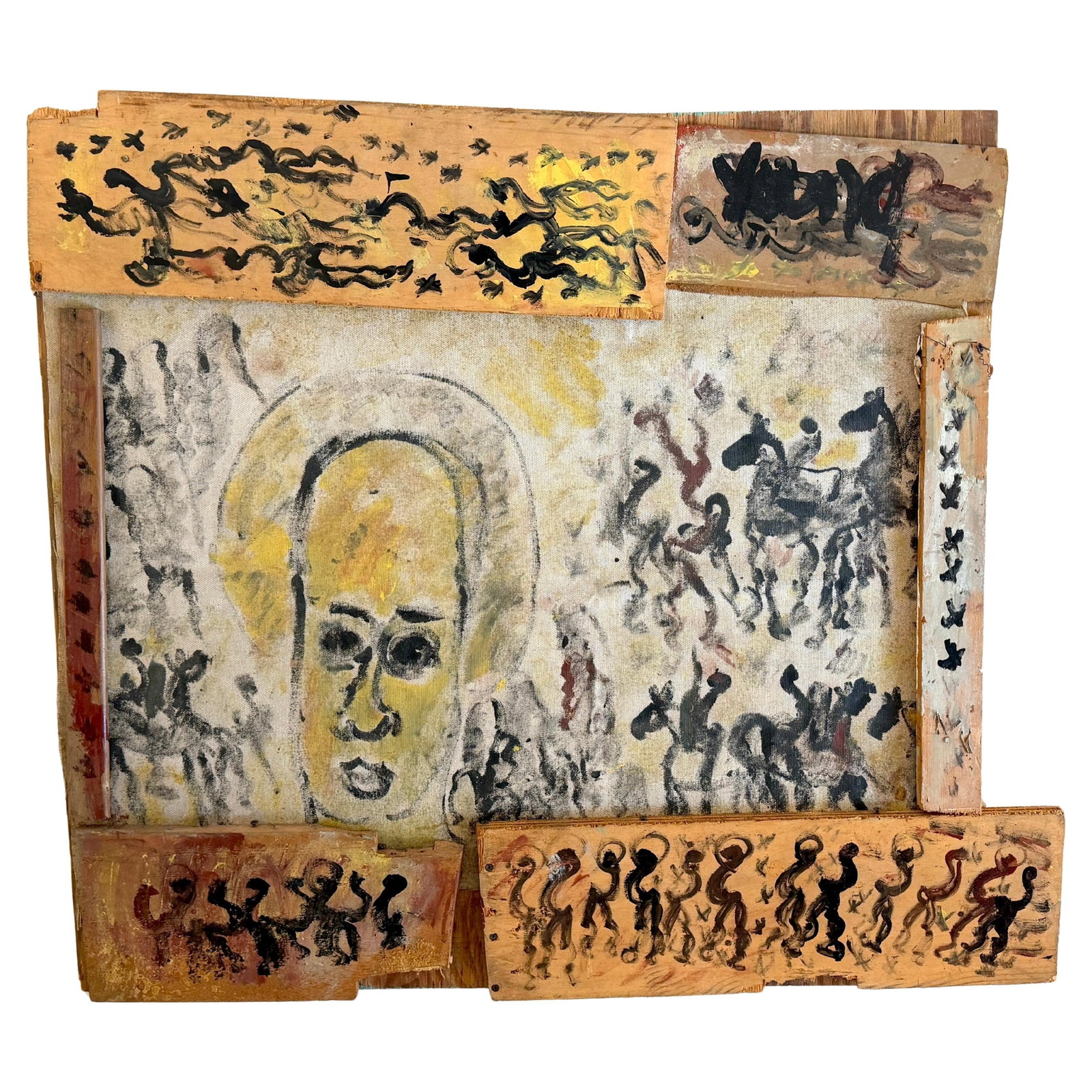 Mixed-Media Assemblage Black Angel Motif by Purvis Young Circa 1985: Mixed-Media Assemblage Black Angel Motif by Purvis Young Circa 1985 This mixed-media assemblage by Purvis Young, titled "Black Angel with Procession," was created circa 1985. The artwork features the 