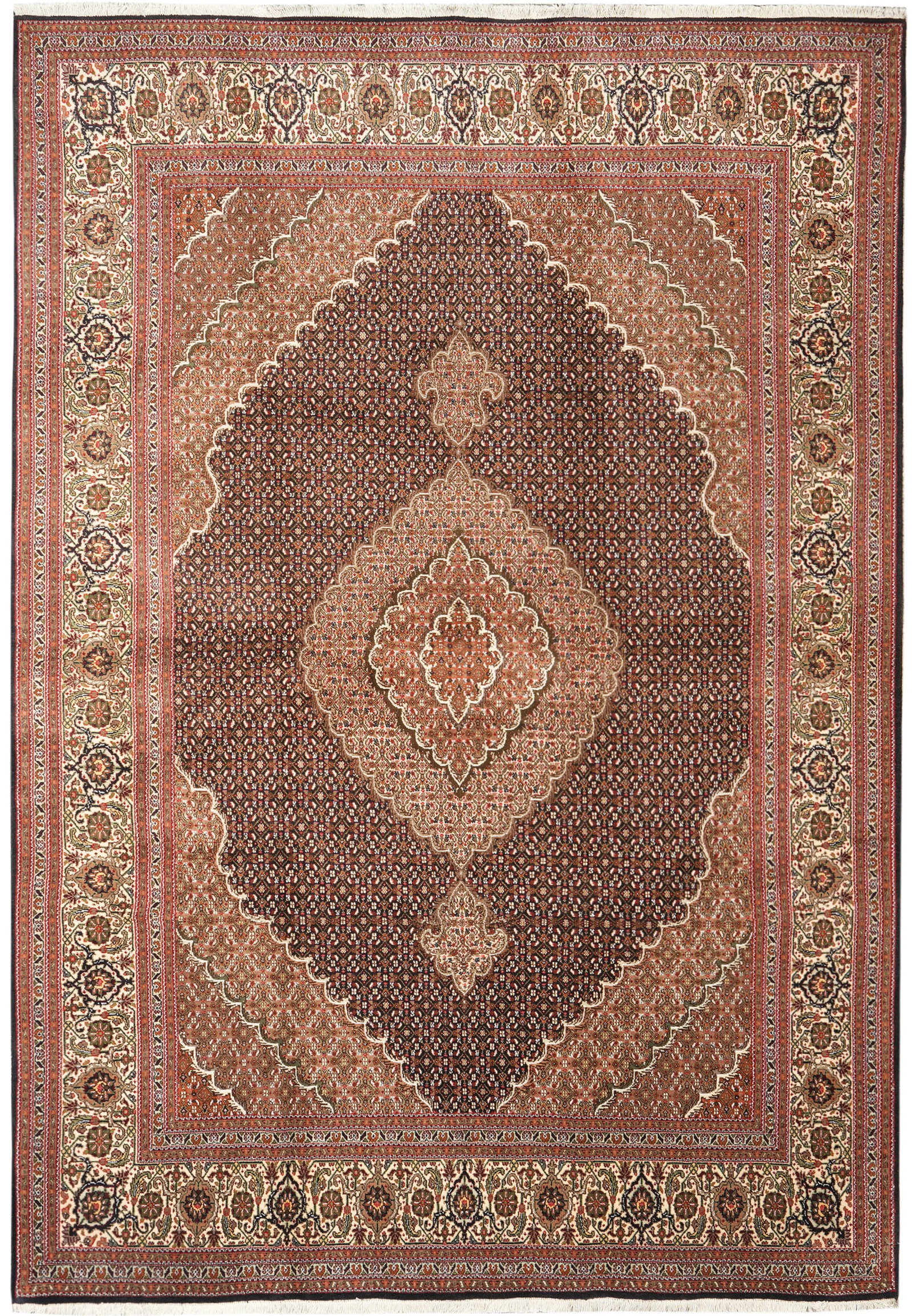 79 x 118 Authentic Persian Tabriz Mahi Hand Knotted Wool Silk Rug: 79 x 118 Authentic Persian Tabriz Mahi Hand Knotted Wool Silk Rug Free continental US Shipping This handmade Persian Mahi Tabriz area rug features a black background with cream, red, green, black, and