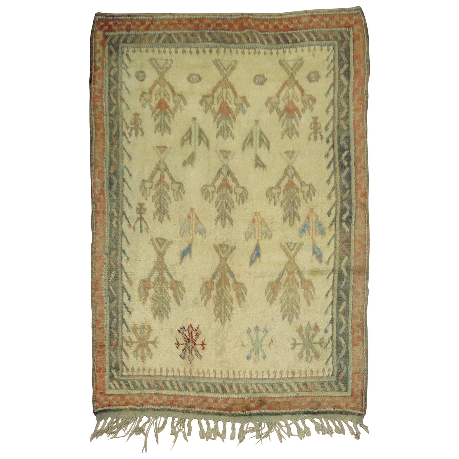 Circa 1950 Turkish Wool Hand Knotted Tulu Rug 46 x 62 in: Circa 1950 Turkish Wool Hand Knotted Tulu Rug 46 x 62 in This one-of-a-kind Turkish Tulu rug from the mid-20th century features a hand-knotted wool construction with a repetitive branch design set aga