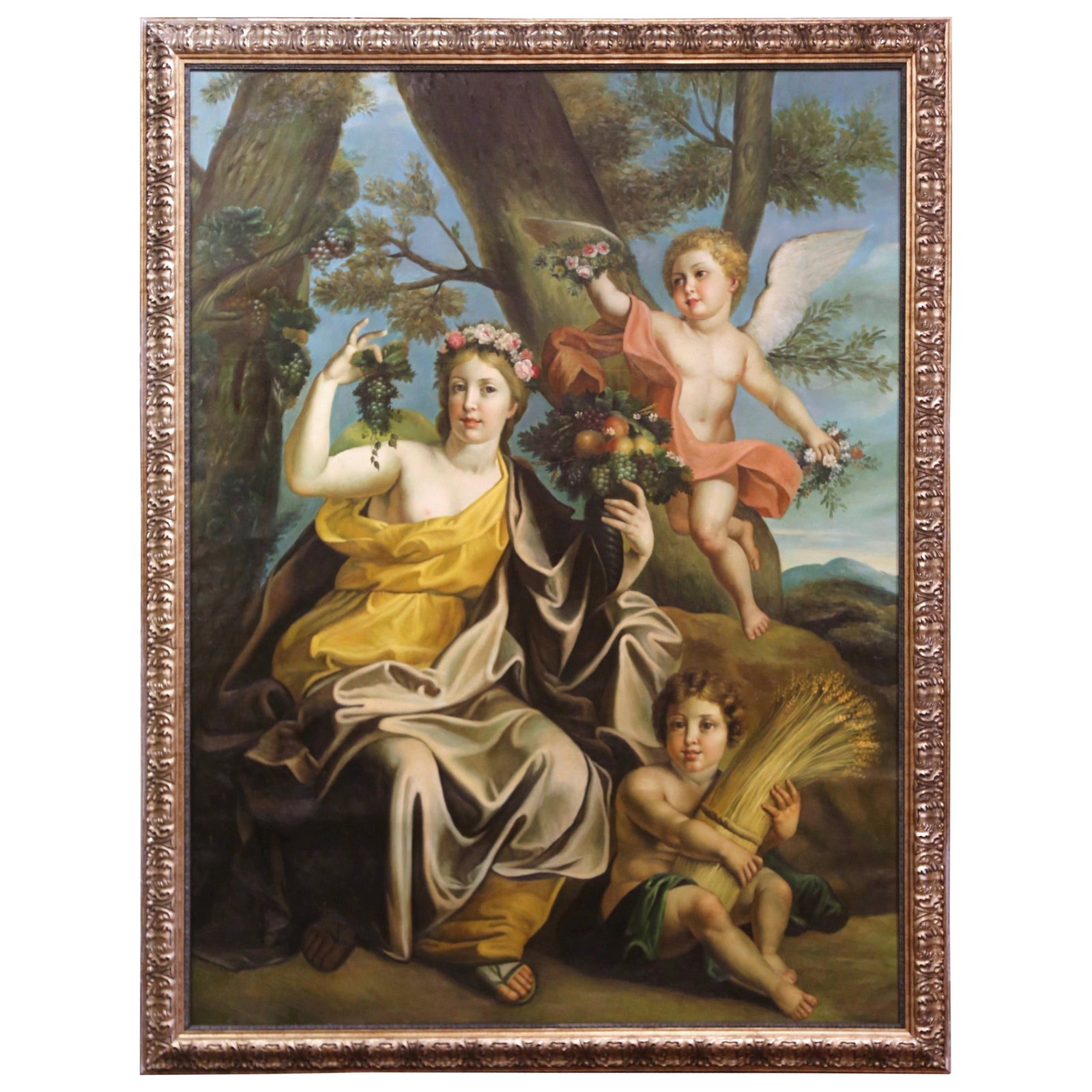 French Allegorical Oil Painting of Goddess and Cherubs Circa 1960: French Allegorical Oil Painting of Goddess and Cherubs Circa 1960 This monumental mid-20th century French oil painting depicts a classical goddess seated and draped in gold and brown robes, crowned wi