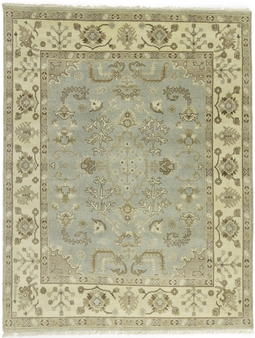 7'11 x 10'1 Hand-Knotted Wool Area Rug Light Gray Floral Chobi Oushak Design: 7'11 x 10'1 Hand-Knotted Wool Area Rug Light Gray Floral Chobi Oushak Design This handmade Oushak Chobi wool rug features a light gray floral design with muted tones of cream, brown, and tan. Crafted 