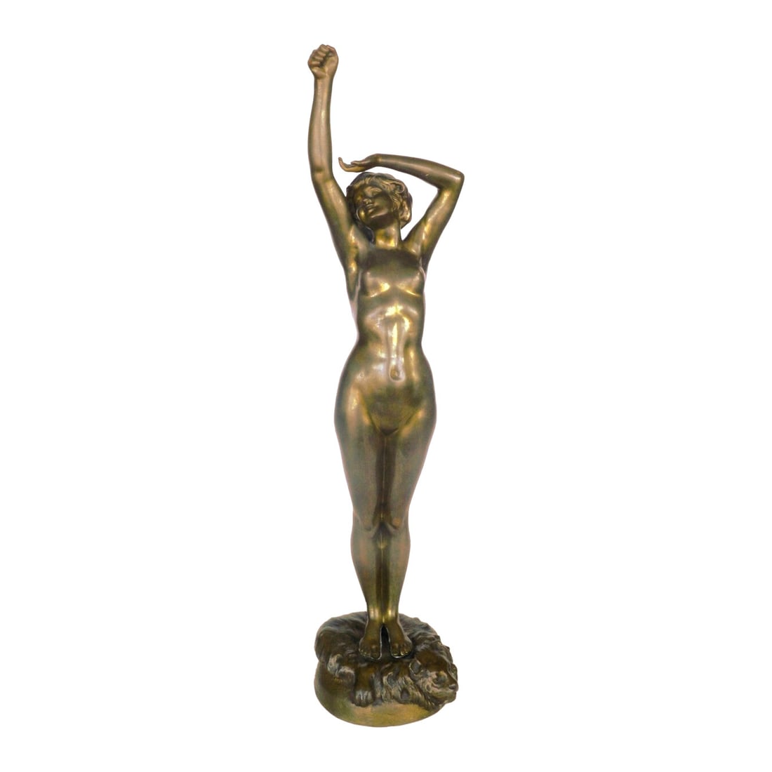 Signed French Bronze Nude Woman Stretching Statue by A. Calendi: Signed French Bronze Nude Woman Stretching Statue by A. Calendi This French bronze sculpture by A. Calendi features a nude woman in a stretching pose. The medium-sized statue stands 27 inches tall and