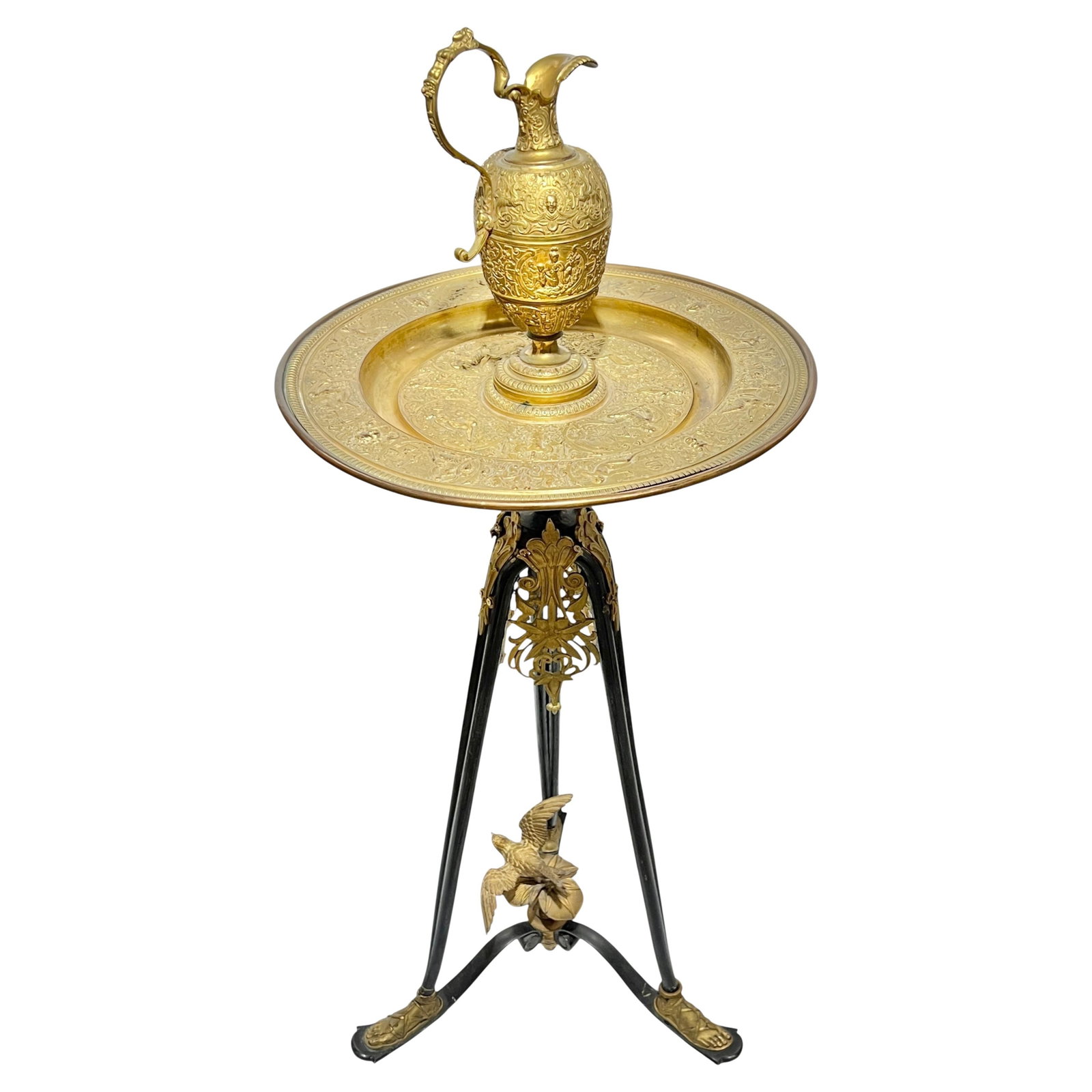 Neoclassical Gilt Bronze Ewer and Basin Set on Tripod Stand France 19th Century: Neoclassical Gilt Bronze Ewer and Basin Set on Tripod Stand France 19th Century This antique French ewer and basin set from the 19th century features finely cast gilt bronze and electroplate, presente