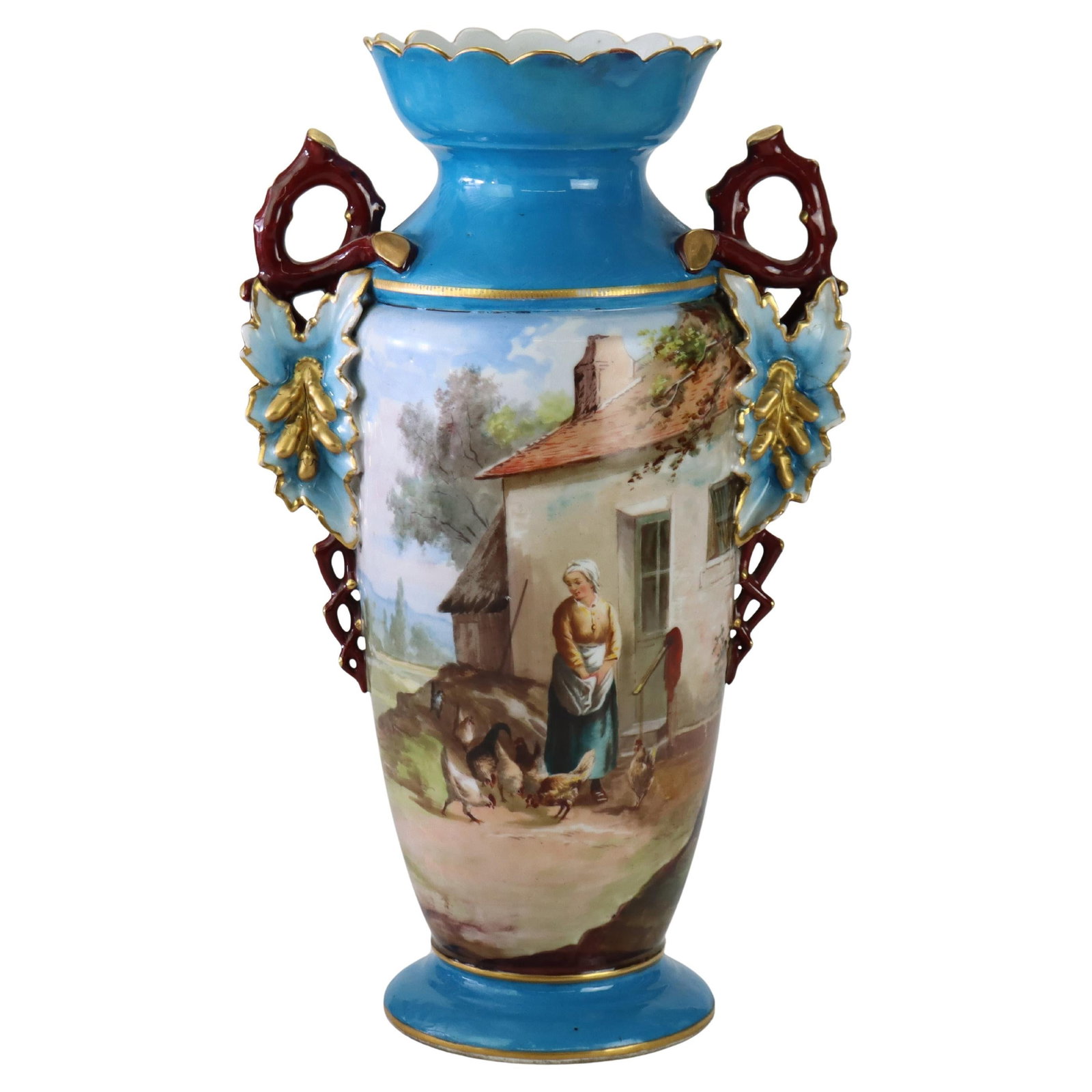 Old Paris Porcelain Vase Scenic Pastoral c1890 With Lamp Cord Opening: Old Paris Porcelain Vase Scenic Pastoral c1890 With Lamp Cord Opening This large Old Paris porcelain vase, dating to circa 1890, features a hand-painted pastoral scene with a woman and chickens near a