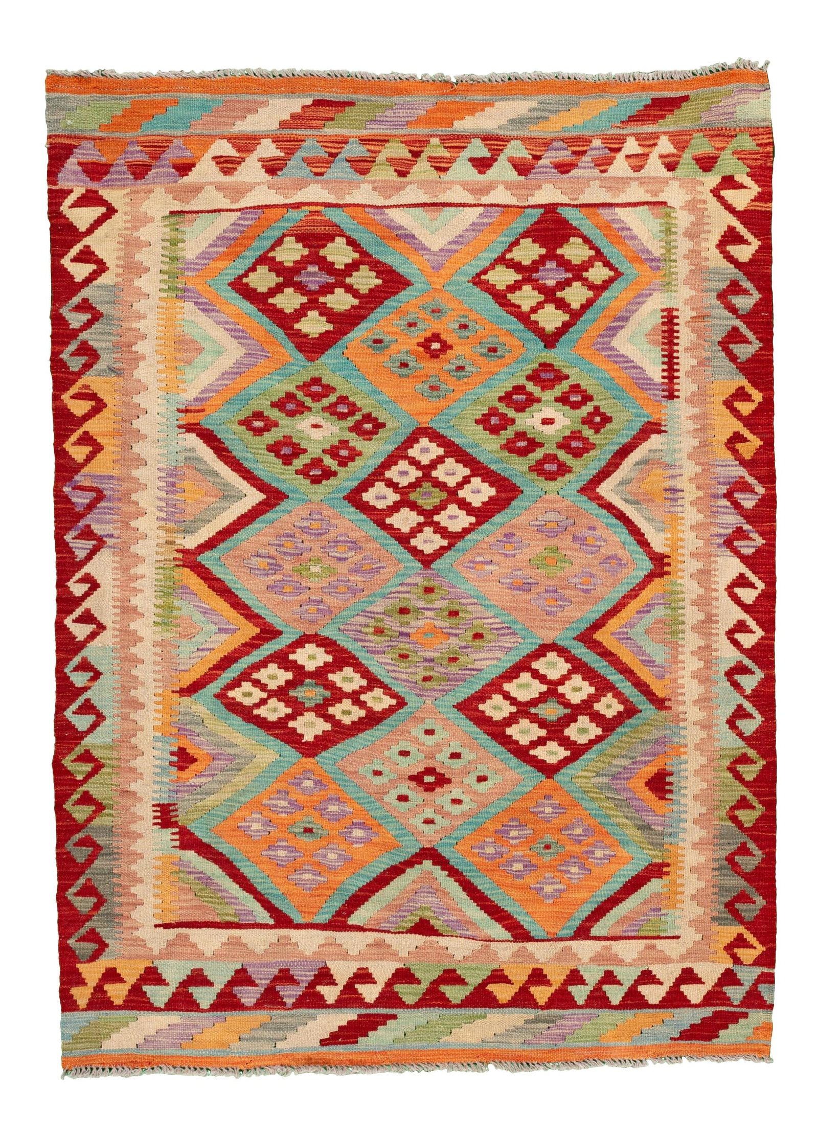 Vibrant Hand-Woven Modern Kilim Rug 4'2'' x 5'8'' Wool: Vibrant Hand-Woven Modern Kilim Rug 4'2'' x 5'8'' Wool Enhance your space with this stunning hand-woven modern Kilim rug featuring a vibrant multi-color field adorned with an all-over geometric design