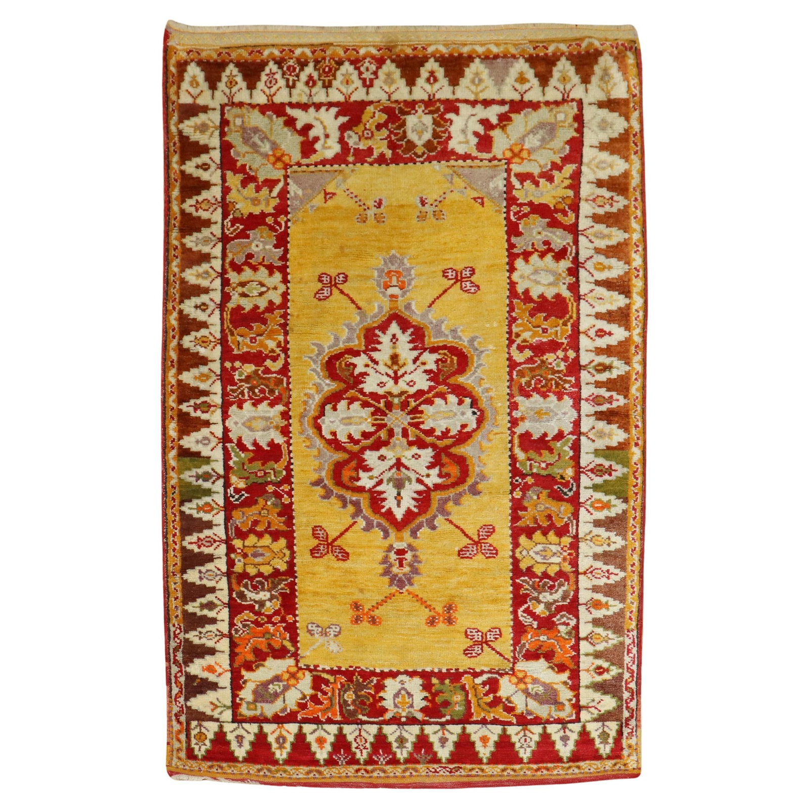 Zabihi Collection Bright Yellow Hand-Knotted Turkish Melas Rug 39 x 56 Inches: Zabihi Collection Bright Yellow Hand-Knotted Turkish Melas Rug 39 x 56 Inches This authentic Turkish Melas rug showcases a vibrant bright yellow field, making it a stunning addition to any space. Hand