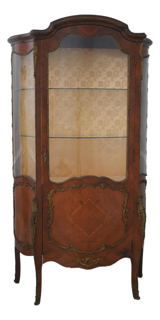 French Style Ormolu Mounted Wood Curio Cabinet With Gold Damask Interior (1 of 10)