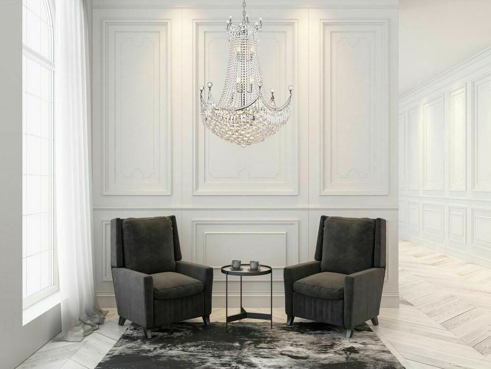 Corona 24 Light Chrome Crystal Foyer Chandelier 40 Inch: Corona 24 Light Chrome Crystal Foyer Chandelier 40 Inch This modern empire-style chandelier features 24 lights and is crafted with Royal Cut Asfour crystals and a chrome-plated finish. Designed for in