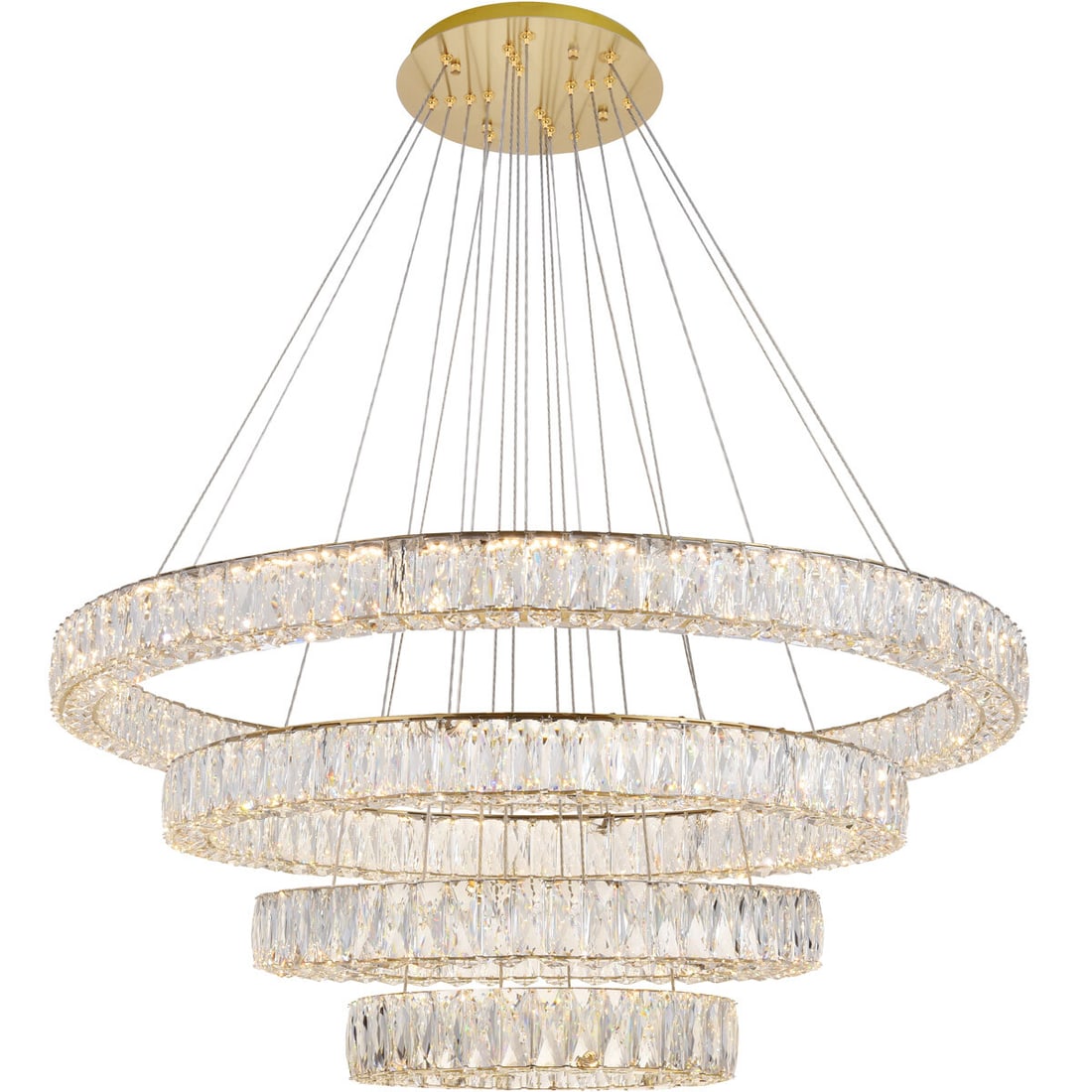 Monroe Gold Crystal LED Chandelier 42 Inch Adjustable: Monroe Gold Crystal LED Chandelier 42 Inch Adjustable This large, modern crystal chandelier features a striking round design with four tiers of stainless steel rings in a smooth gold finish, adorned w