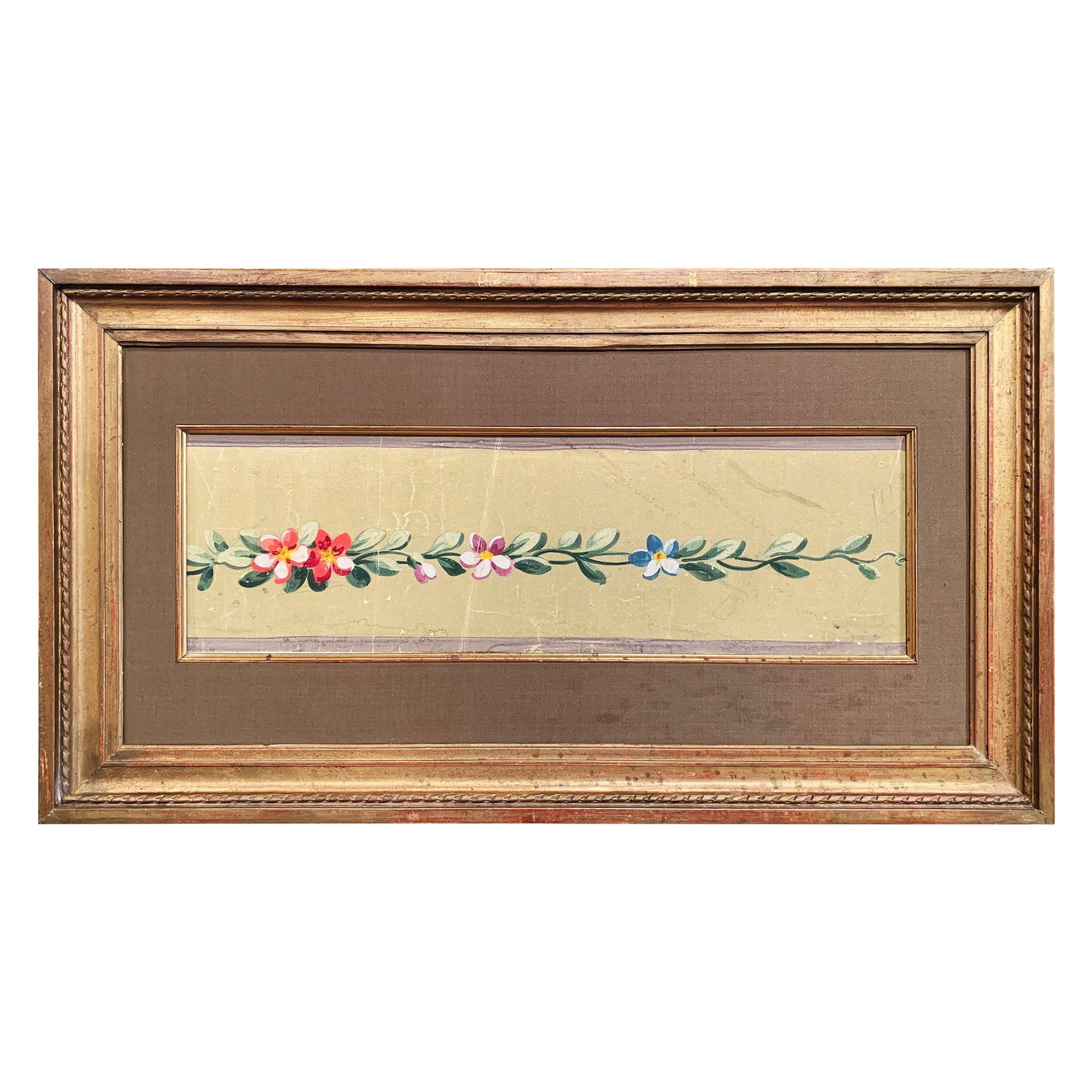 19th Century French Aubusson Floral Gouache in Gilt Frame: 19th Century French Aubusson Floral Gouache in Gilt Frame This exquisite antique Aubusson drawing, dating to circa 1820, adds a touch of historic French charm to any space. This early 19th-century gou
