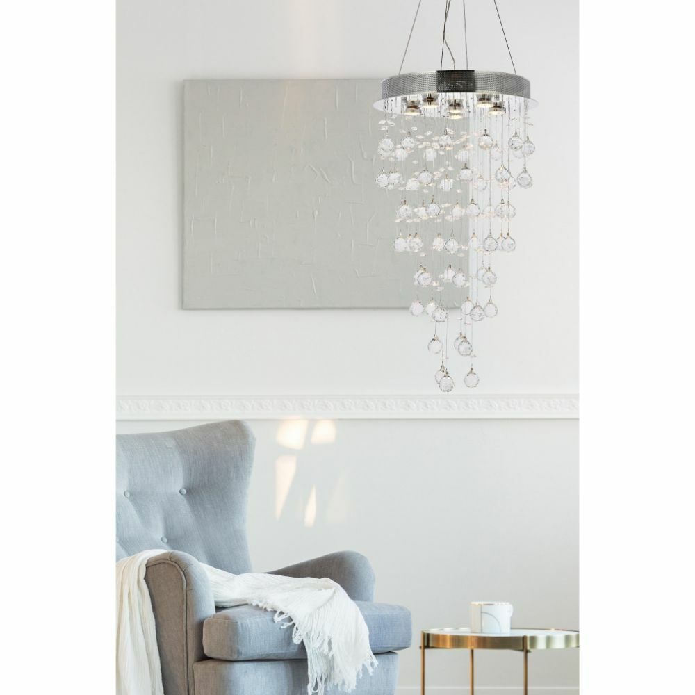 Galaxy 6 Light Chrome Crystal Chandelier 32 in: Galaxy 6 Light Chrome Crystal Chandelier 32 in Modern chrome crystal chandelier with a 6-light design, featuring clear crystal and glass elements. It is hardwired, height-adjustable, and intended for 