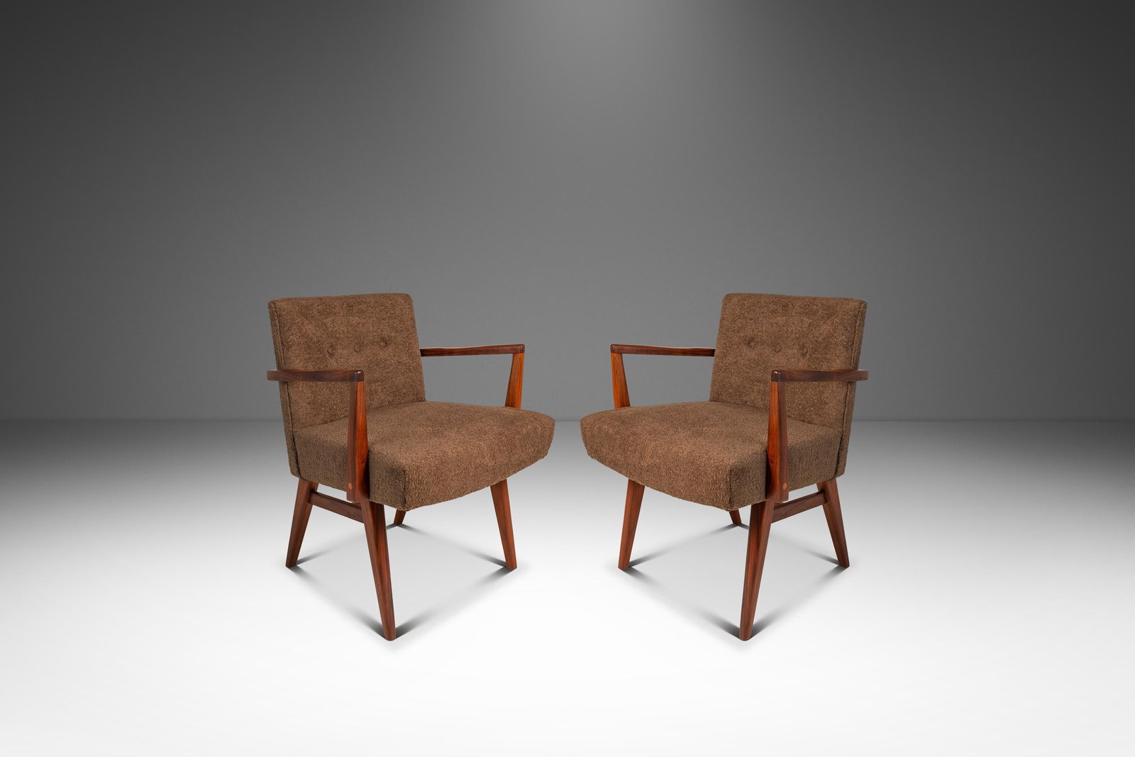 Pair of Walnut and Brown Boucle C-108 Armchairs by Jens Risom 1950s: Pair of Walnut and Brown Boucle C-108 Armchairs by Jens Risom 1950s This set includes two rare Model C-108 armchairs designed by Jens Risom for Jens Risom Design in the late 1950s. Expertly restored, 