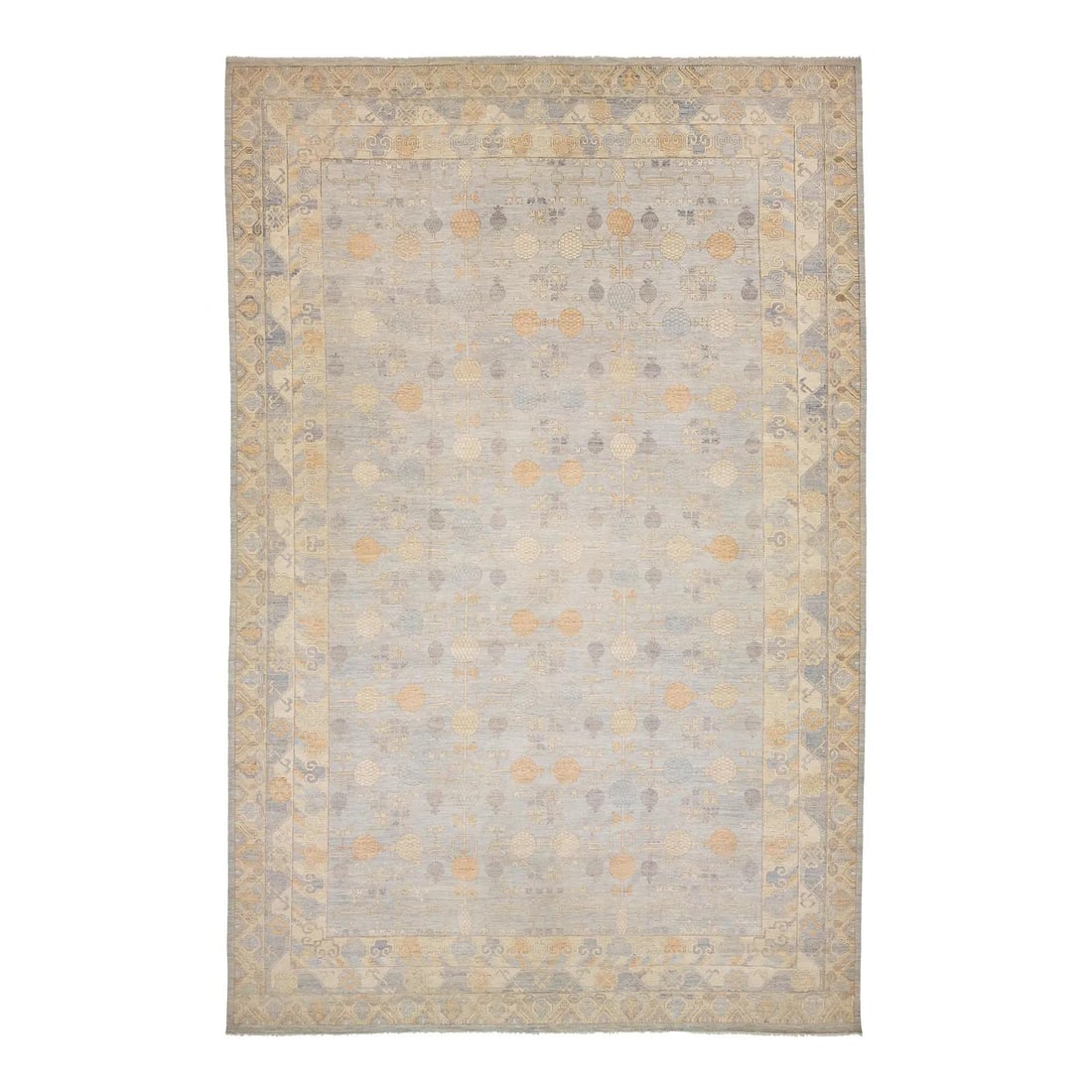 13'8 x 21 Modern Khotan Wool Pomegranate Rug: 13'8 x 21 Modern Khotan Wool Pomegranate Rug This Modern Khotan-style rug is hand-knotted from premium wool and features a sophisticated pomegranate motif inspired by antique Samarkand and East Turkes