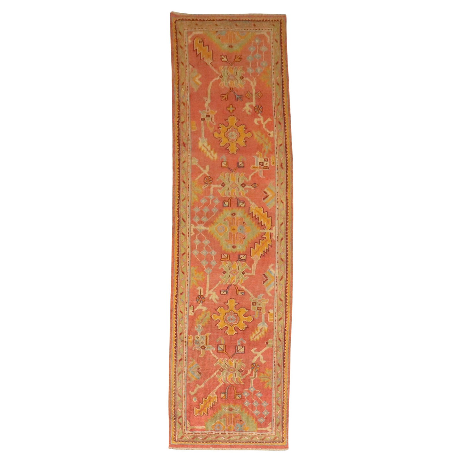 Early 20th Century Colorful Antique Turkish Oushak Runner 3'2" x 11'9" Wool Hand-Knotted: Early 20th Century Colorful Antique Turkish Oushak Runner 3'2" x 11'9" Wool Hand-Knotted Experience the charm of the early 20th century with this vibrant Turkish Oushak runner. Hand-knotted from high-