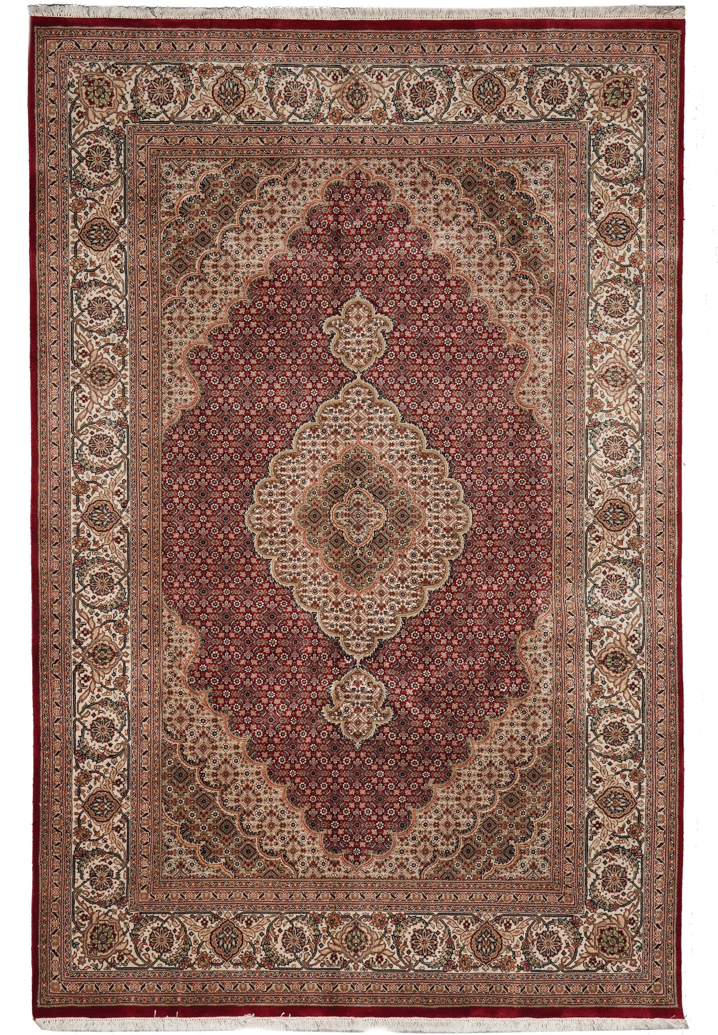 6.8 x 9.8 Handmade Persian Tabriz Mahi Wool Silk Ruby Red Carpet: 6.8 x 9.8 Handmade Persian Tabriz Mahi Wool Silk Ruby Red Carpet Free continental US Shipping This handmade Tabriz Mahi carpet showcases rich ruby red tones and is crafted from a premium blend of natu