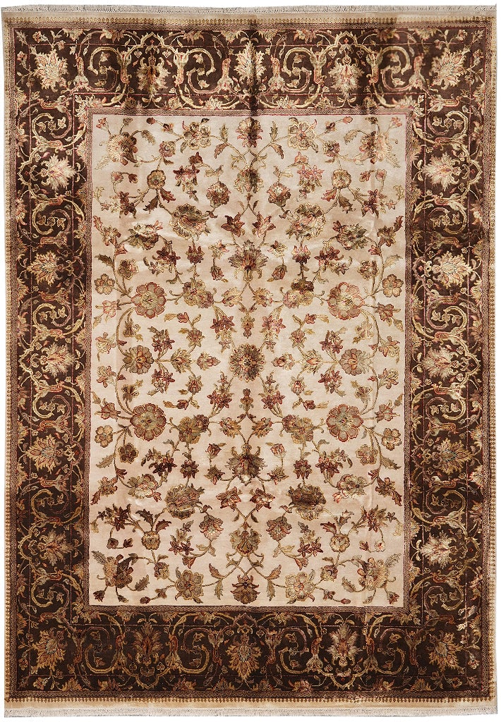 Hand-Knotted Jaipur Wool Silk Area Rug 106 x 144 Ivory Brown Floral: Hand-Knotted Jaipur Wool Silk Area Rug 106 x 144 Ivory Brown Floral Free continental US Shipping This high-quality hand-knotted Jaipur area rug features a luxurious blend of wool and silk, offering a 