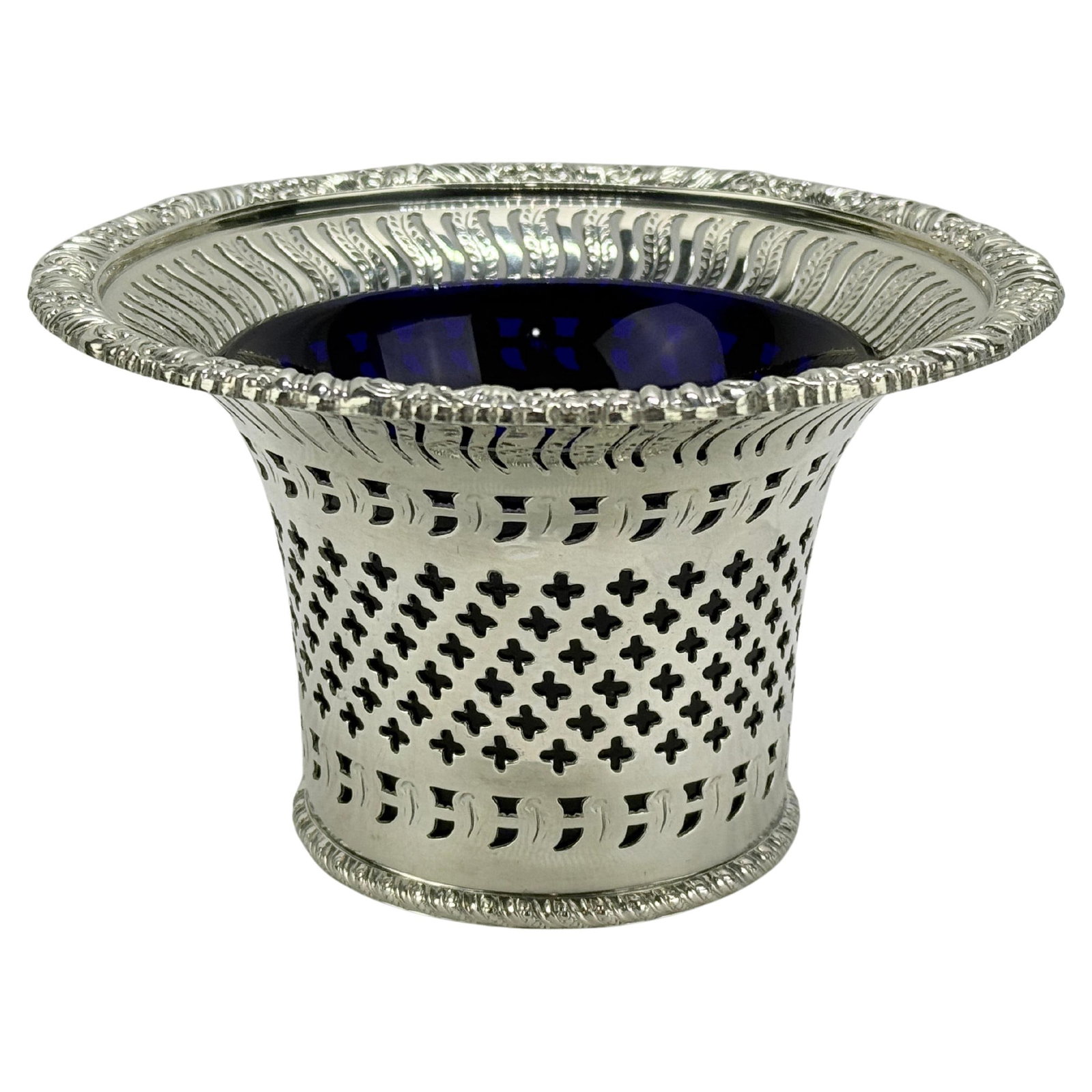 Barker Ellis Silverplate Cobalt Glass Openwork Vessel England: Barker Ellis Silverplate Cobalt Glass Openwork Vessel England This exquisite English silverplate openwork vessel, crafted by Barker Ellis of Birmingham, exemplifies the elegance of George III style. T