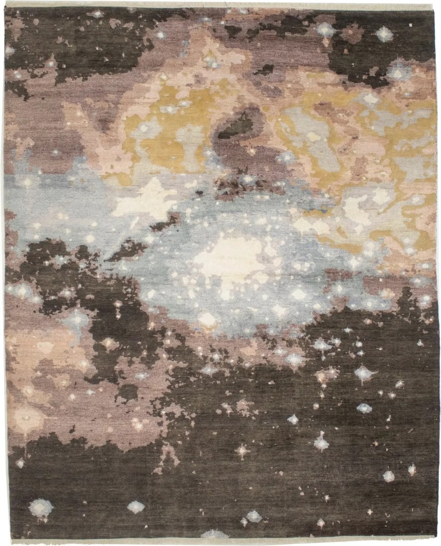 Hand-Knotted 8x10 Abstract Wool Rug Multicolored Modern Area Carpet: Hand-Knotted 8x10 Abstract Wool Rug Multicolored Modern Area Carpet This modern area rug features a vibrant multicolored abstract galaxy design, perfect for enhancing contemporary decor in living room